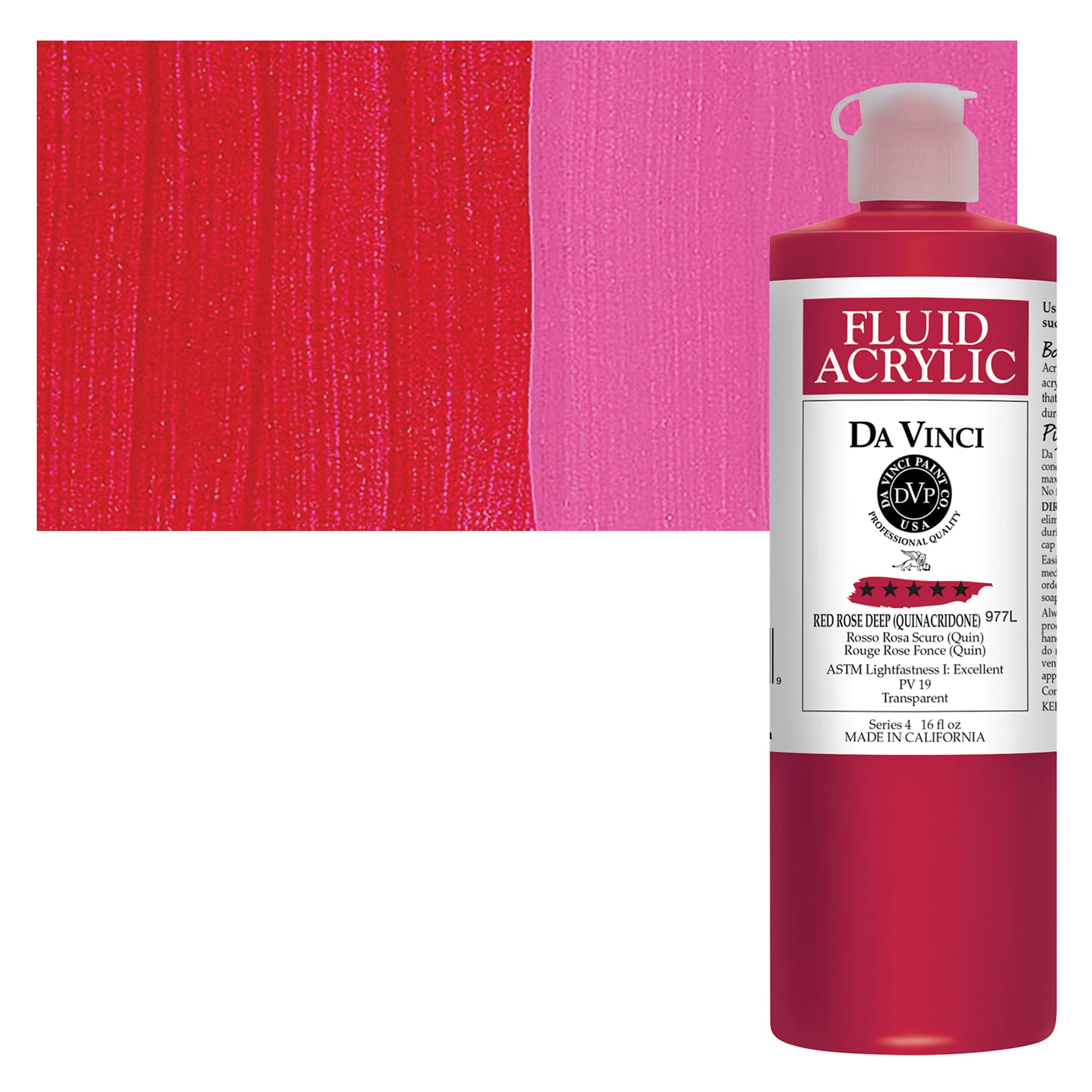 Da Vinci Fluid Acrylic Paint - Red Rose Deep, 16 oz bottle and swatch
