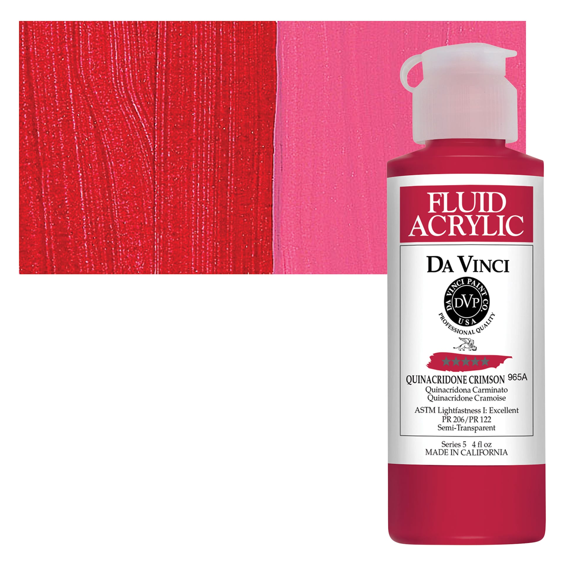 Da Vinci Fluid Acrylic Paint - Quinacridone Crimson, 4 oz bottle and swatch