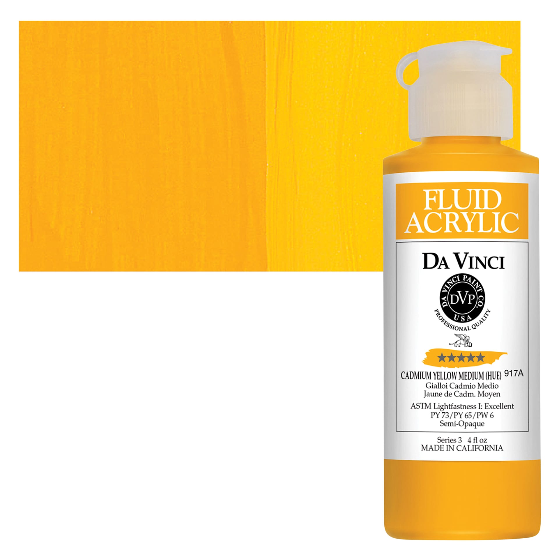 Da Vinci Fluid Acrylic Paint - Cadmium Yellow Medium Hue, 4 oz bottle and swatch