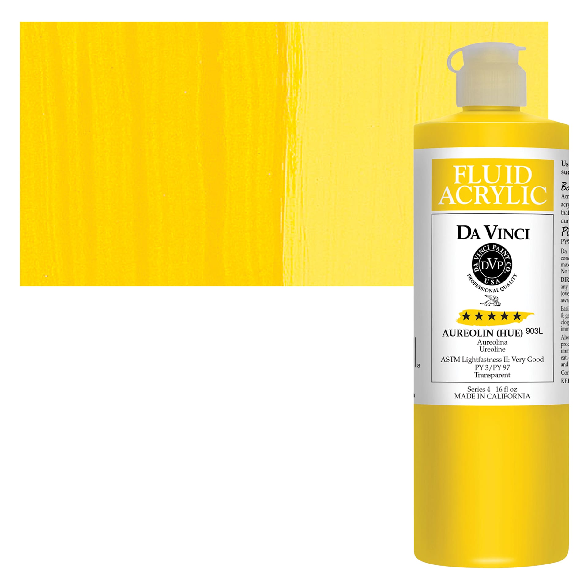 Da Vinci Fluid Acrylic Paint - Aureolin Hue, 16 oz bottle and swatch