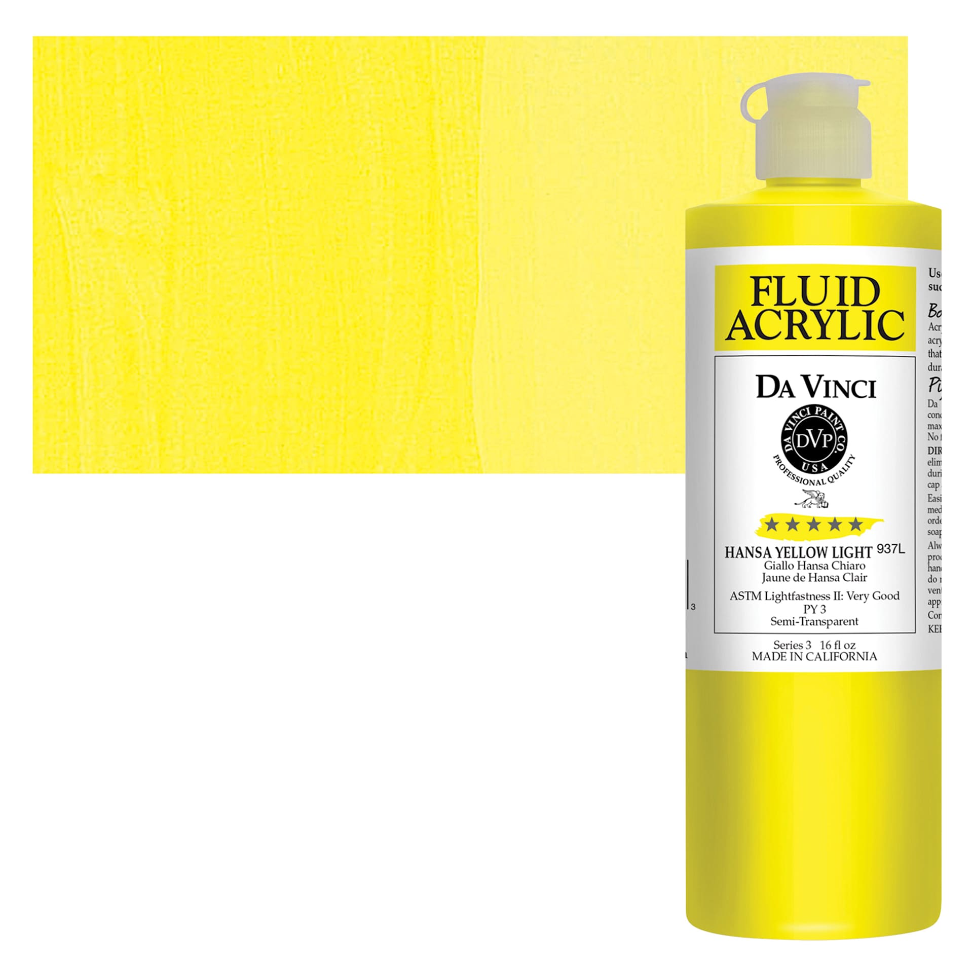Da Vinci Fluid Acrylic Paint - Hansa Yellow Light, 16 oz bottle and swatch