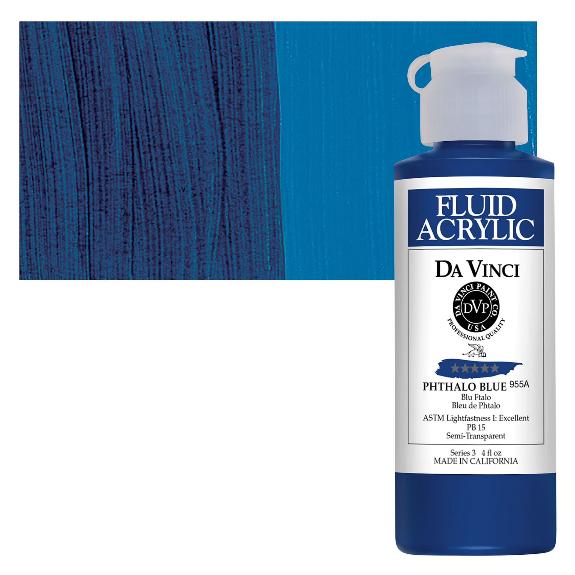 Da Vinci Fluid Acrylic Paint - Phthalo Blue, 4 oz bottle and swatch