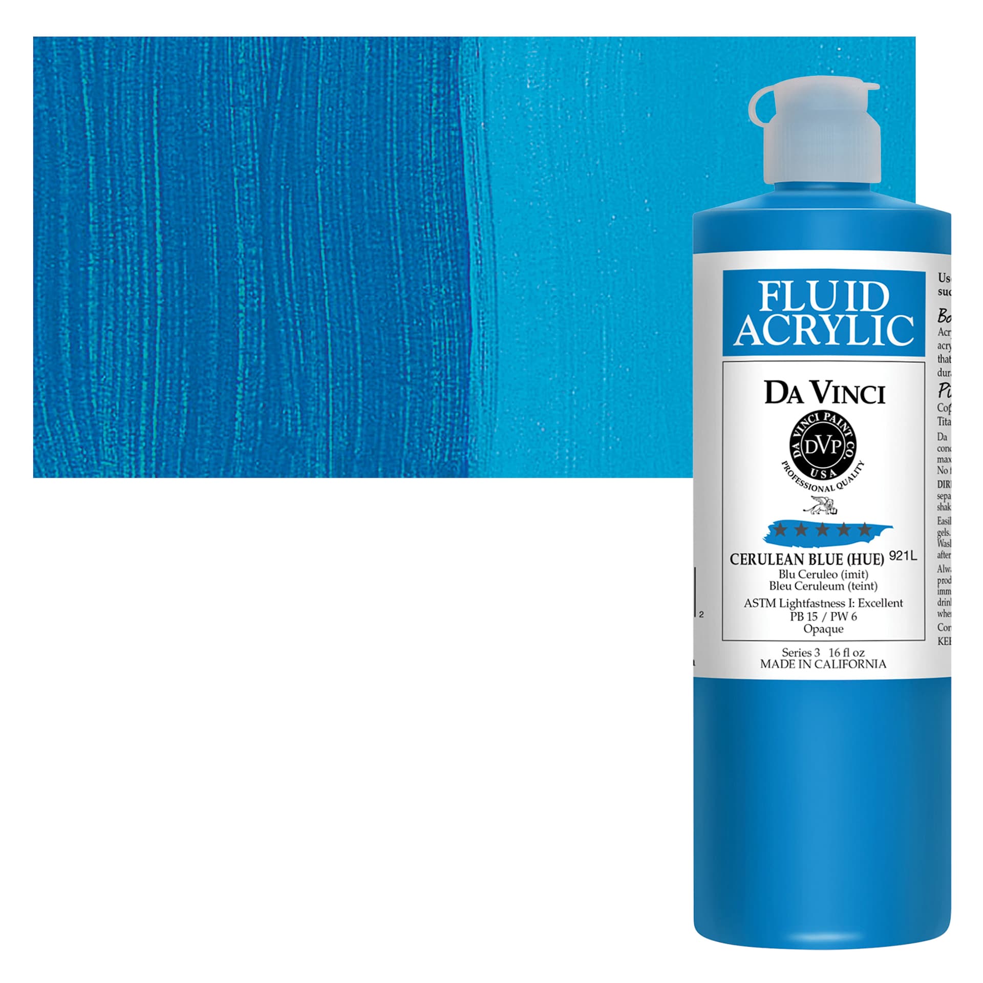 Da Vinci Fluid Acrylic Paint - Cerulean Blue Hue, 16 oz bottle and swatch