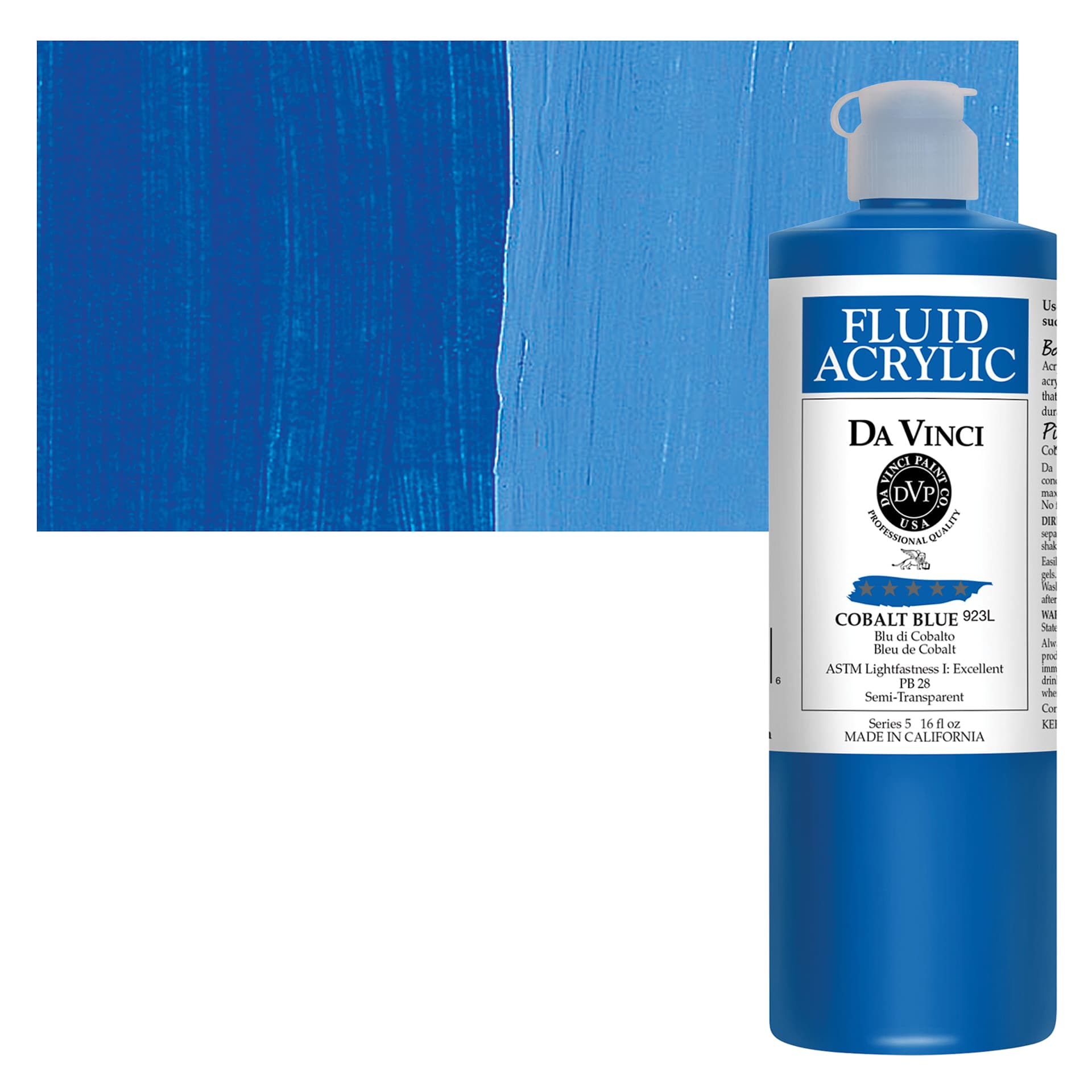Da Vinci Fluid Acrylic Paint - Cobalt Blue, 16 oz bottle and swatch
