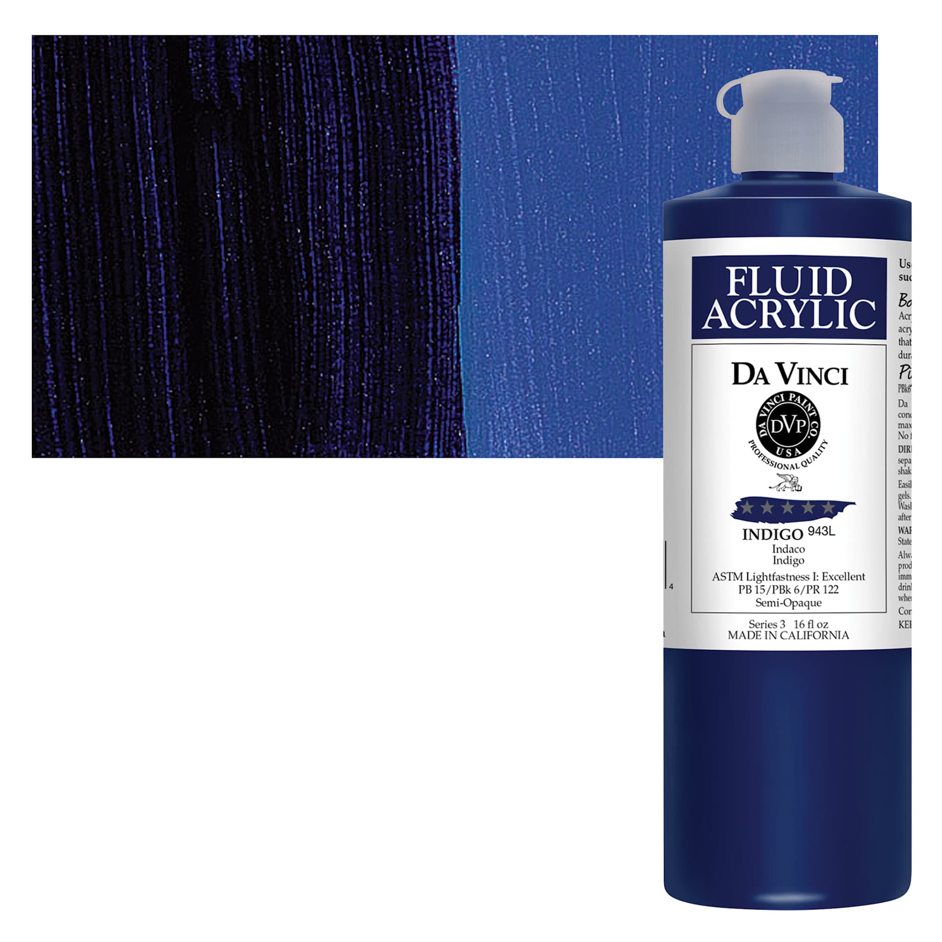 Da Vinci Fluid Acrylic Paint - Indigo, 16 oz bottle and swatch