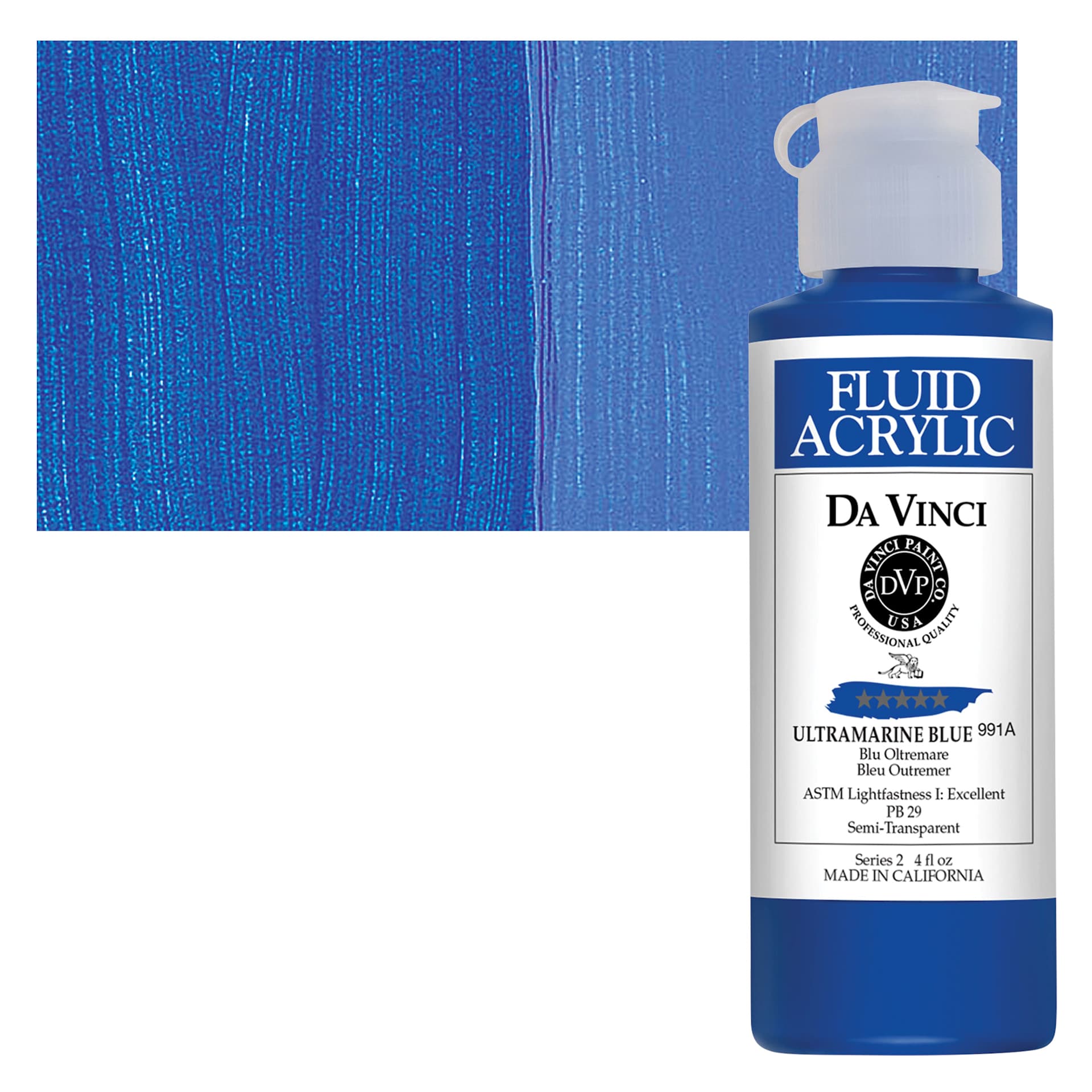 Da Vinci Fluid Acrylic Paint - Ultramarine Blue, 4 oz bottle and swatch