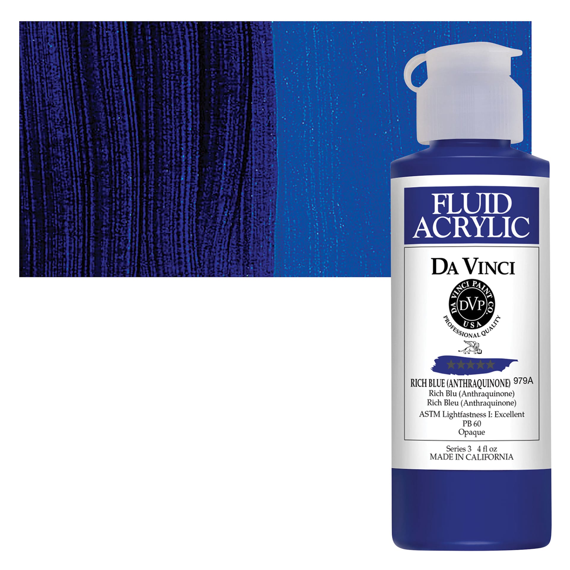 Da Vinci Fluid Acrylic Paint - Rich Blue, 4 oz bottle and swatch