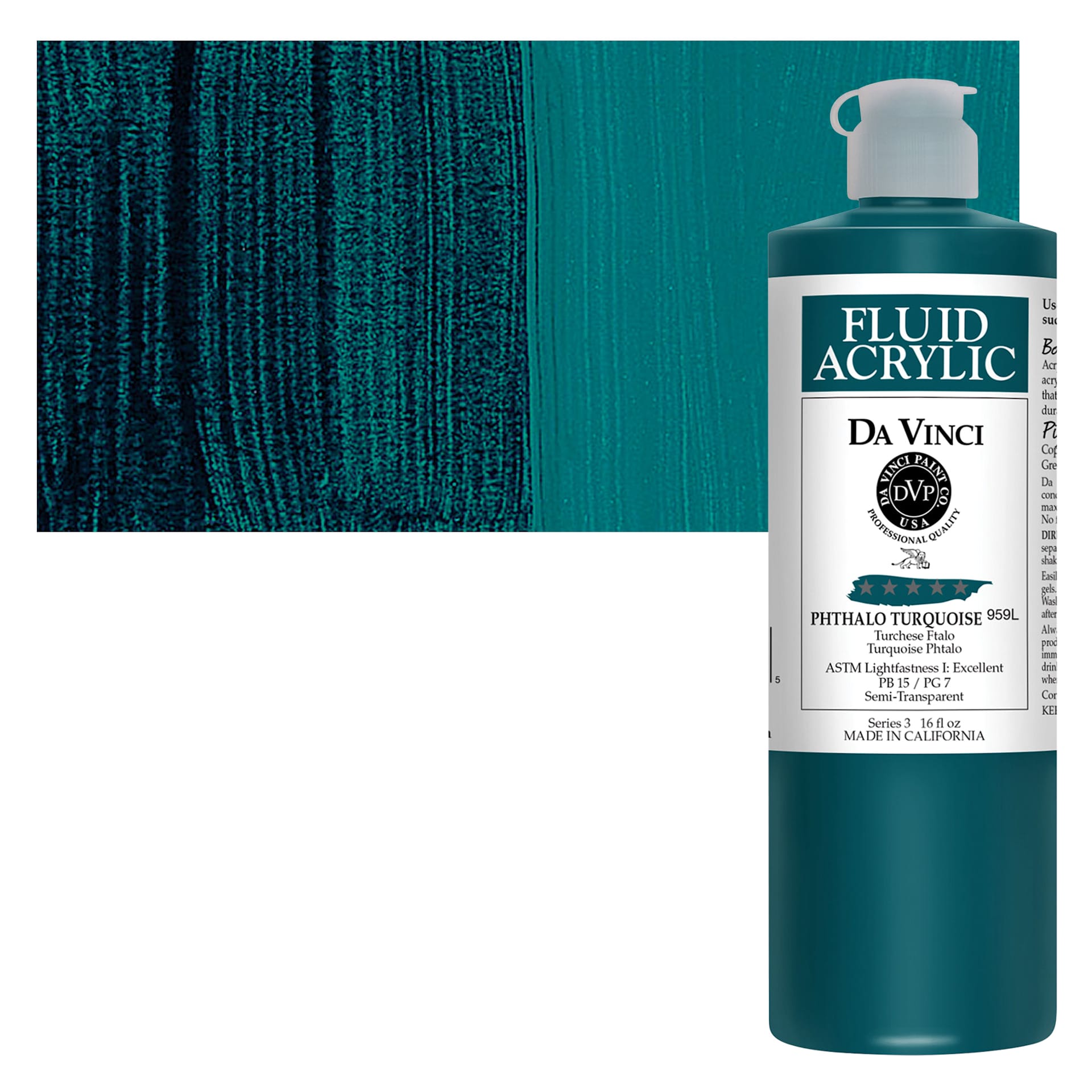 Da Vinci Fluid Acrylic Paint - Phthalo Turquoise, 16 oz bottle and swatch