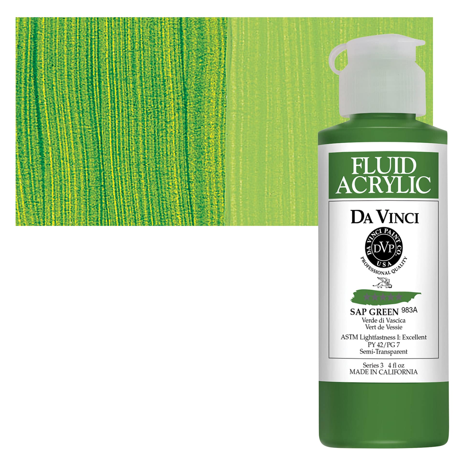 Da Vinci Fluid Acrylic Paint - Sap Green, 4 oz bottle and swatch