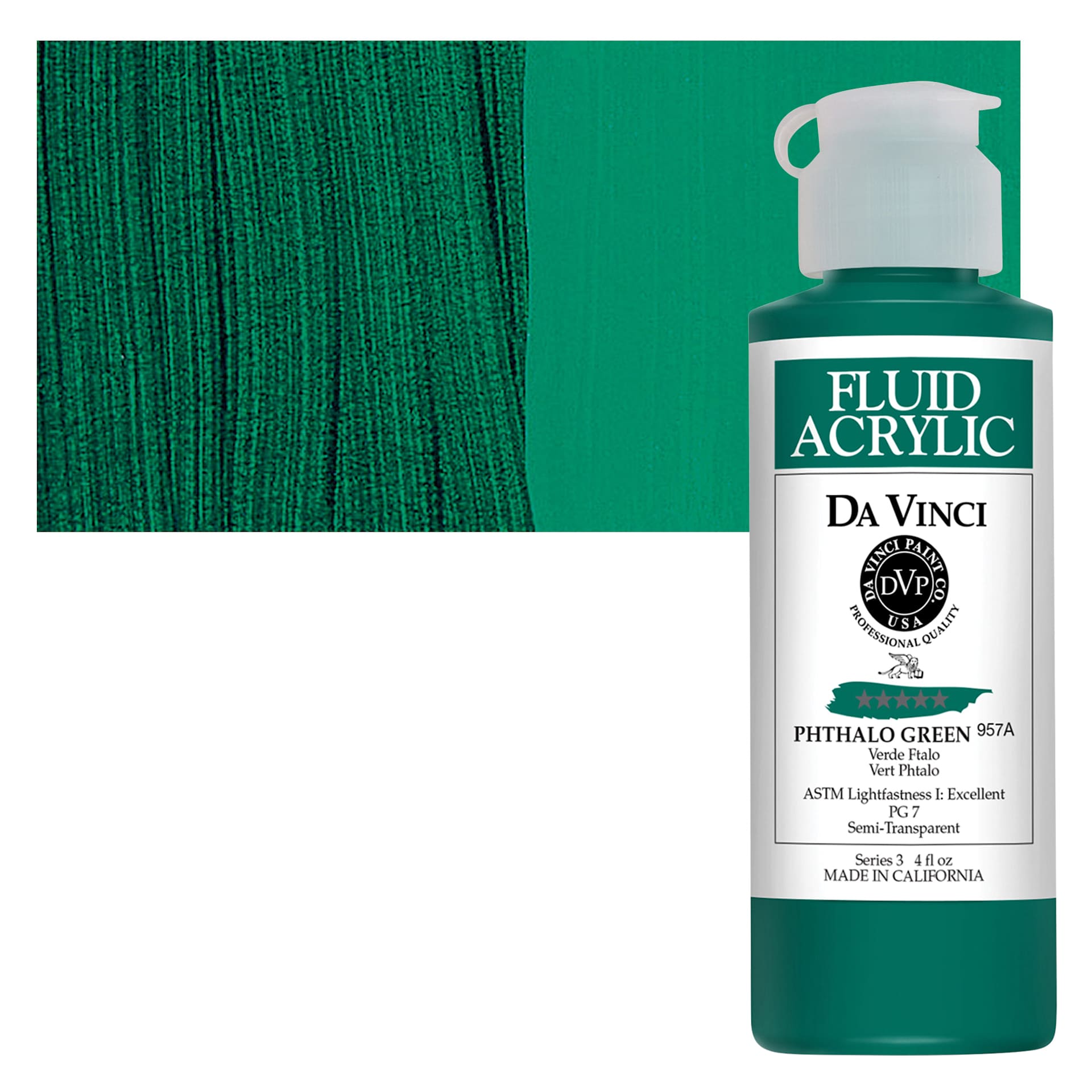 Da Vinci Fluid Acrylic Paint - Phthalo Green, 4 oz bottle and swatch