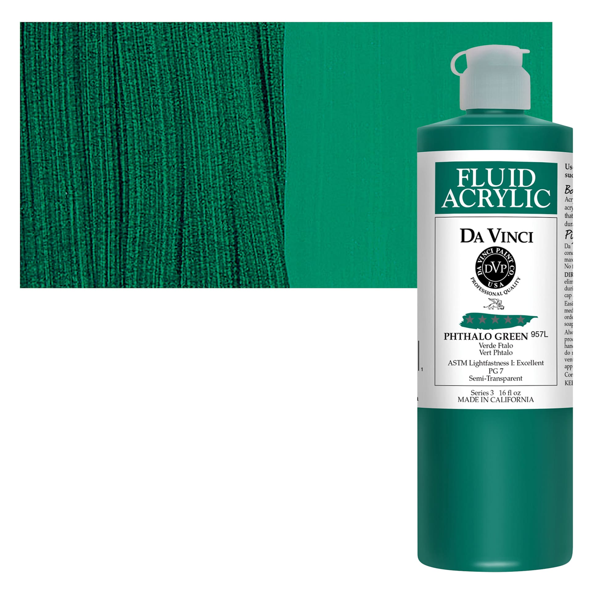 Da Vinci Fluid Acrylic Paint - Phthalo Green, 16 oz bottle and swatch