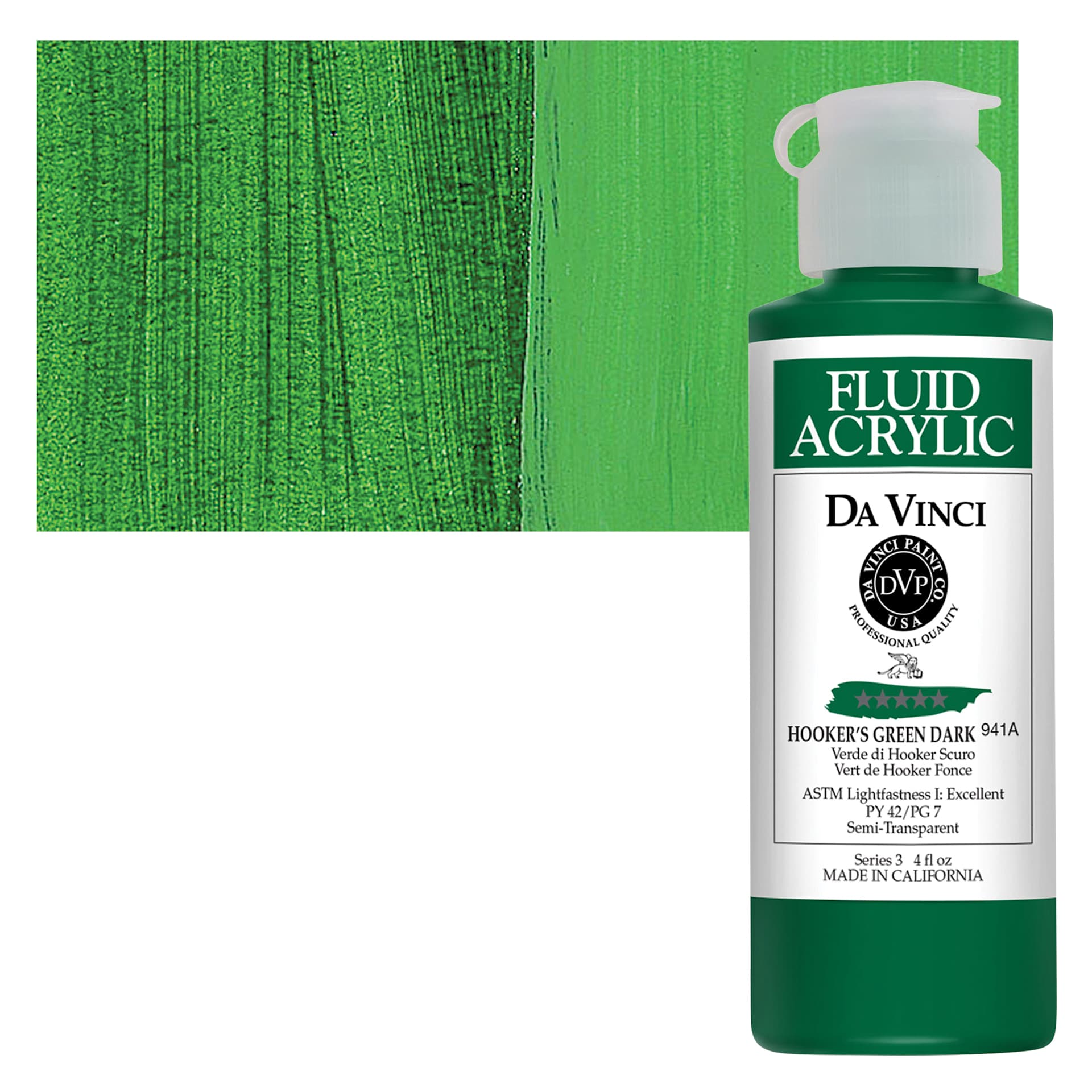 Da Vinci Fluid Acrylic Paint - Hooker's Green Dark, 4 oz bottle and swatch