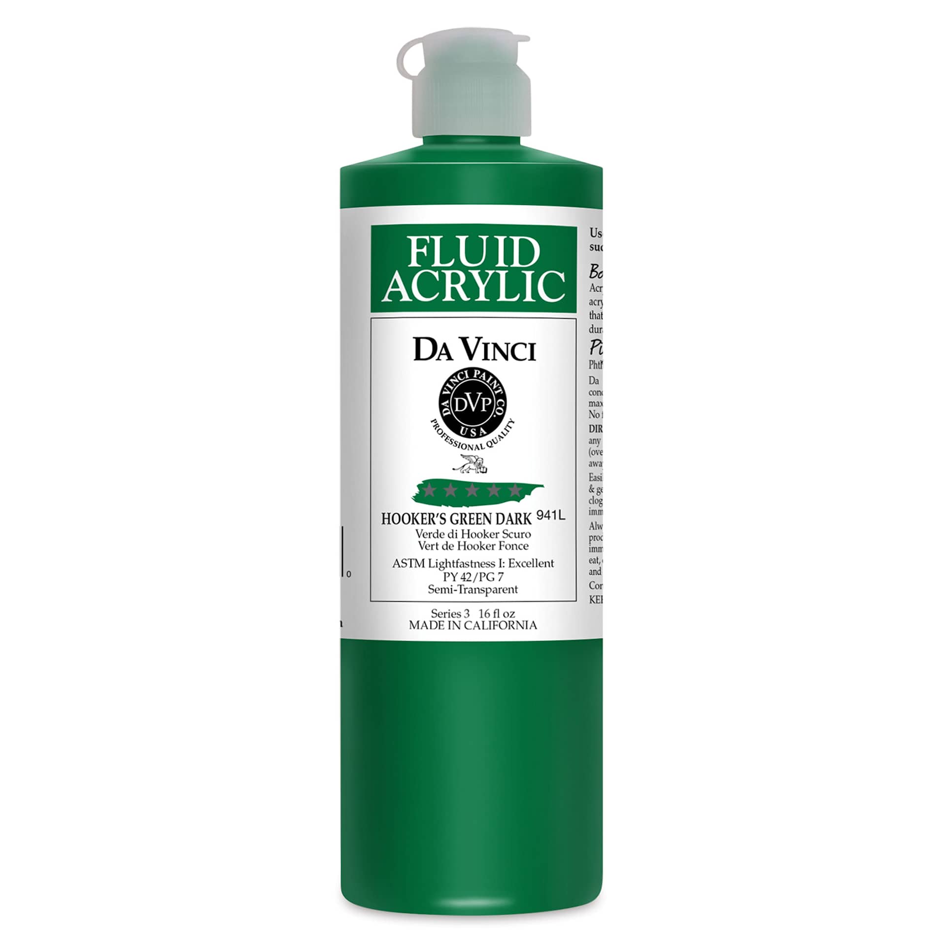 Da Vinci Fluid Acrylics - Hooker's Green Dark, 16 oz bottle
