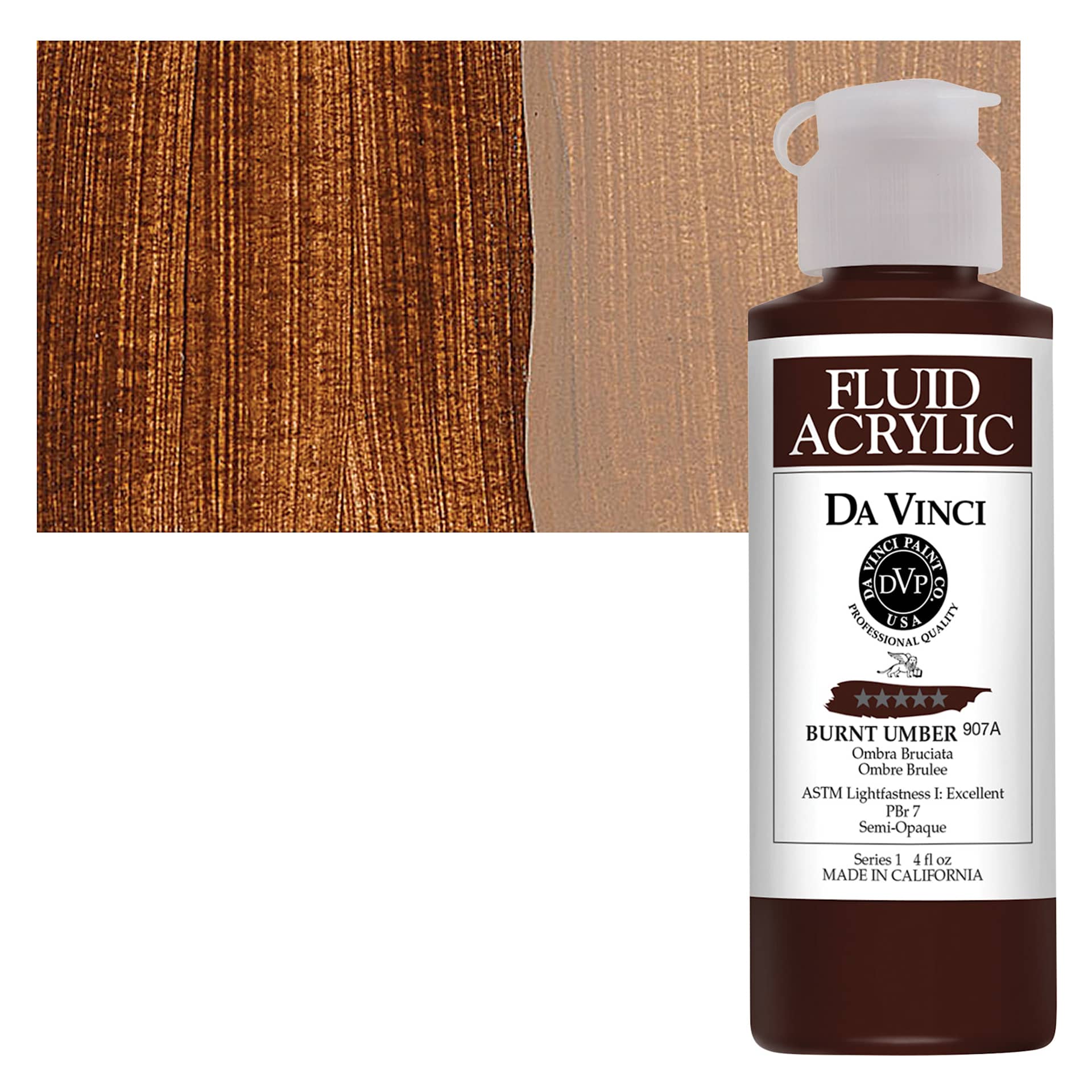 Da Vinci Fluid Acrylic Paint - Burnt Umber, 4 oz bottle and swatch