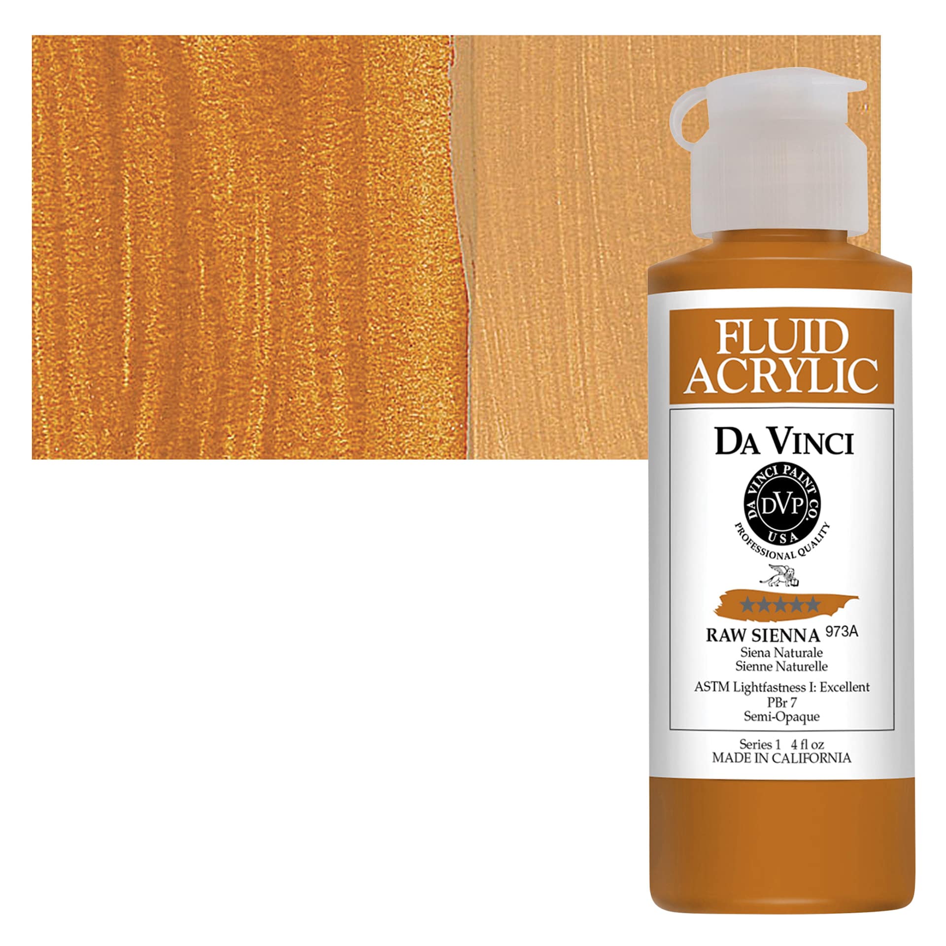 Da Vinci Fluid Acrylic Paint - Raw Sienna, 4 oz bottle and swatch