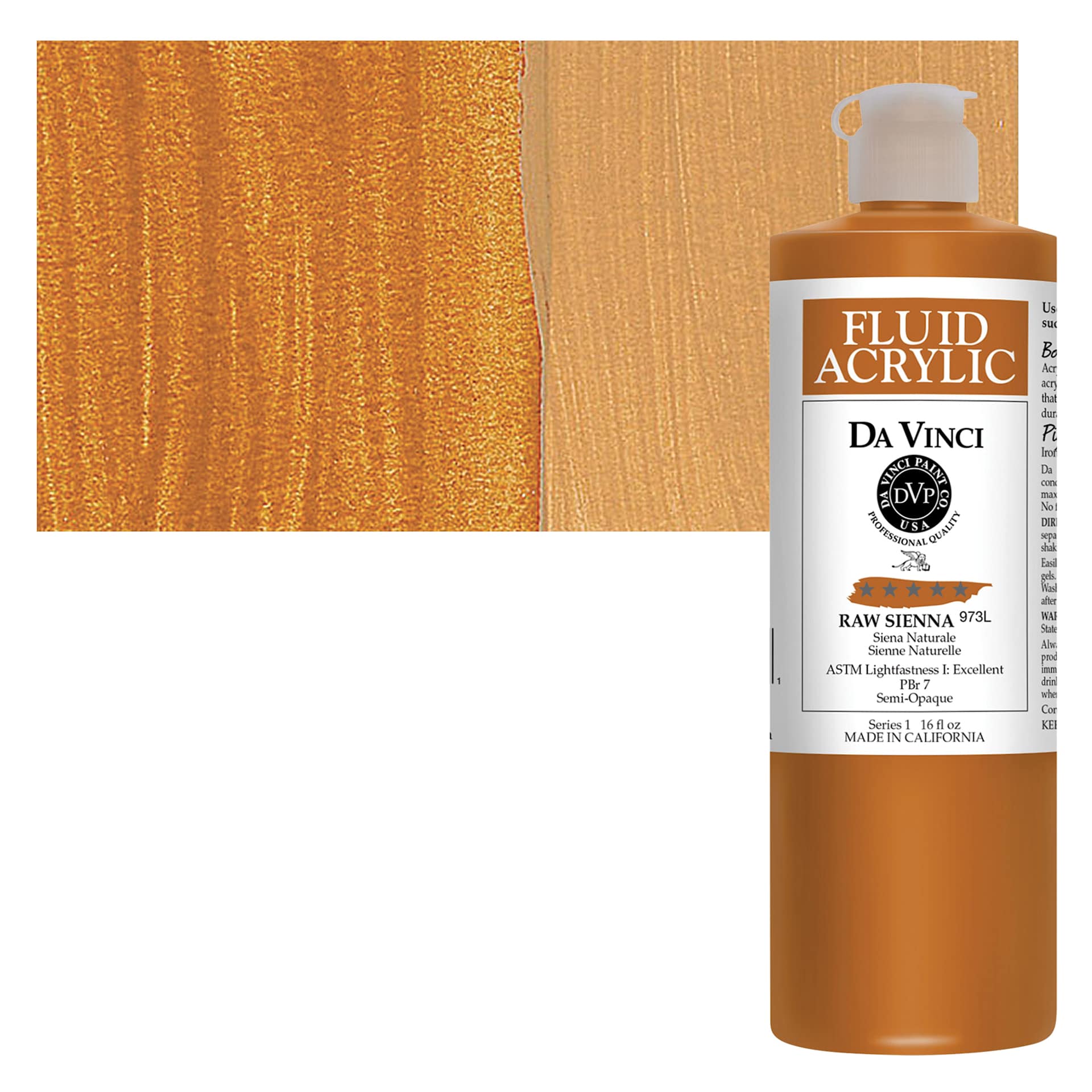 Da Vinci Fluid Acrylic Paint - Raw Sienna, 16 oz bottle and swatch