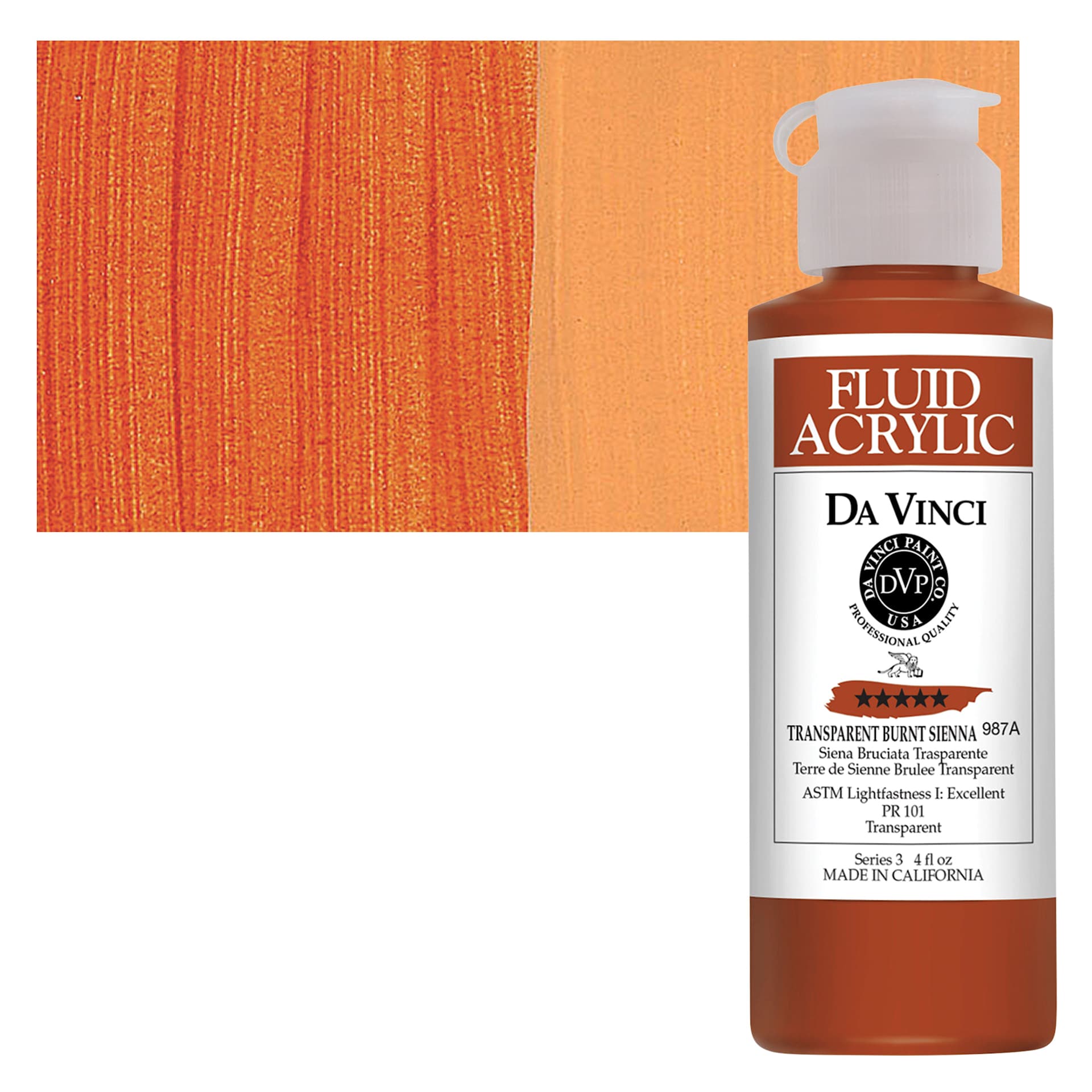 Da Vinci Fluid Acrylic Paint - Transparent Burnt Sienna, 4 oz bottle and swatch