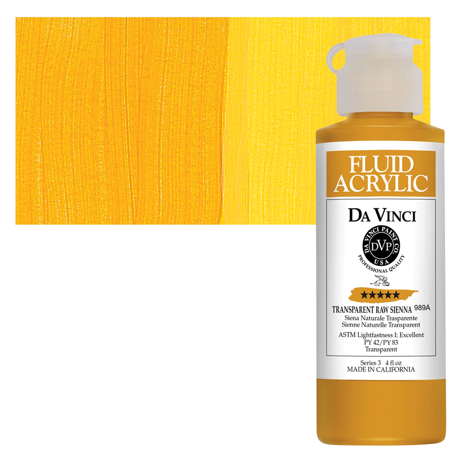 Da Vinci Fluid Acrylic Paint - Transparent Raw Sienna, 4 oz bottle and swatch