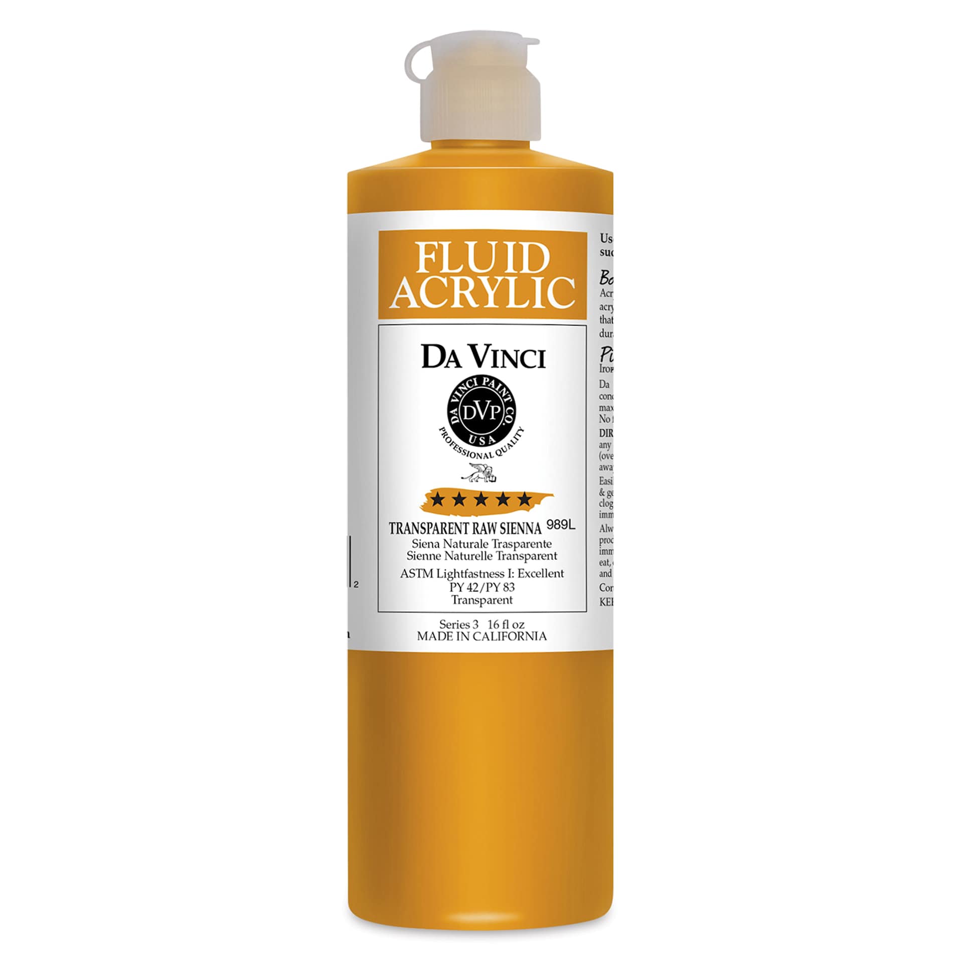 Da Vinci Fluid Acrylics - Transparent Raw Sienna, 16 oz bottle
