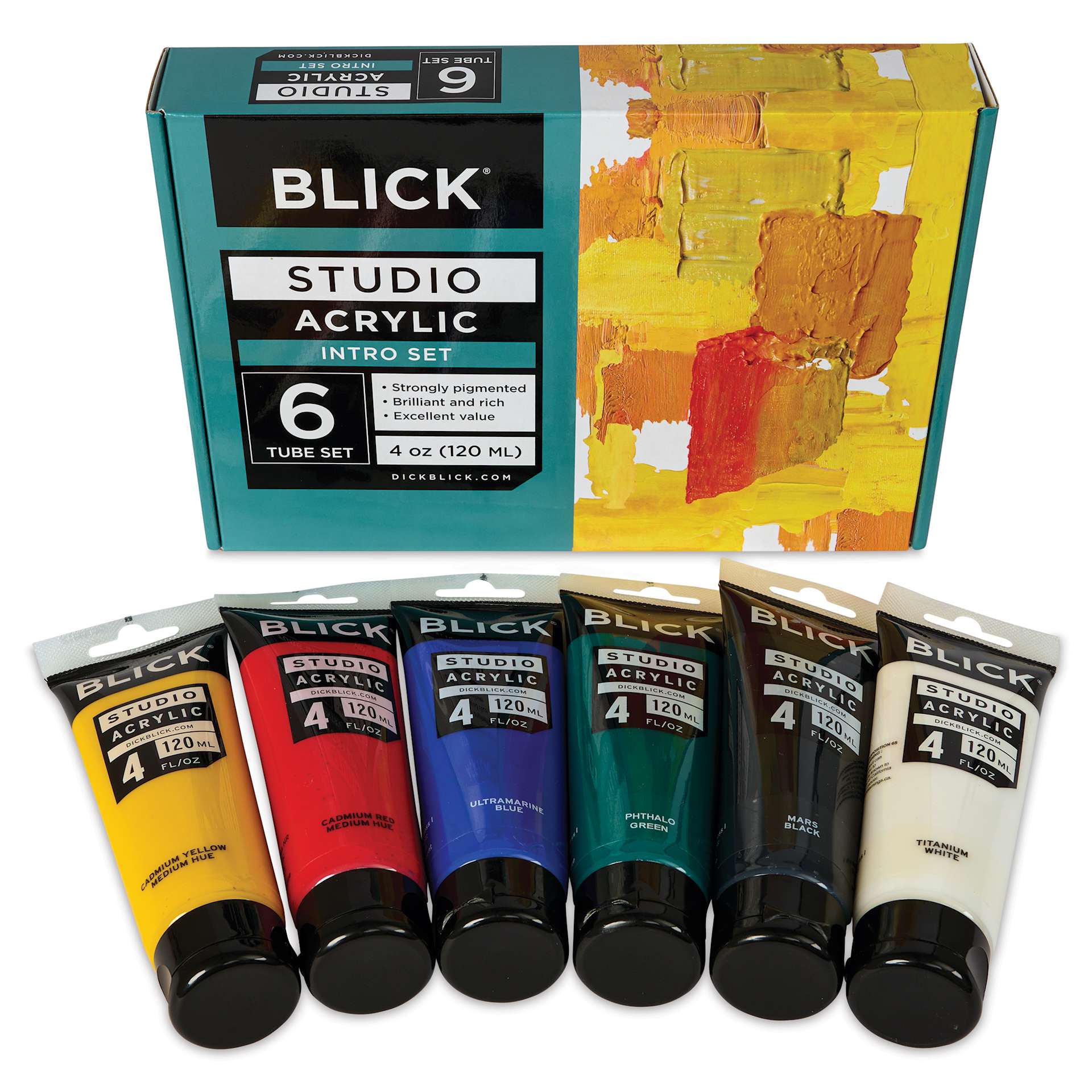 Blick Studio Acrylics - Set of 6 colors, 120 ml tubes, next to packaging