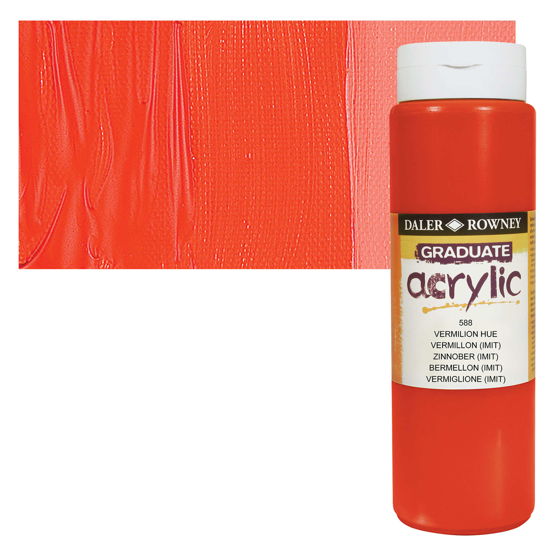 Daler-Rowney Graduate Acrylic Paint - Vermilion Hue, 500 ml bottle and swatch