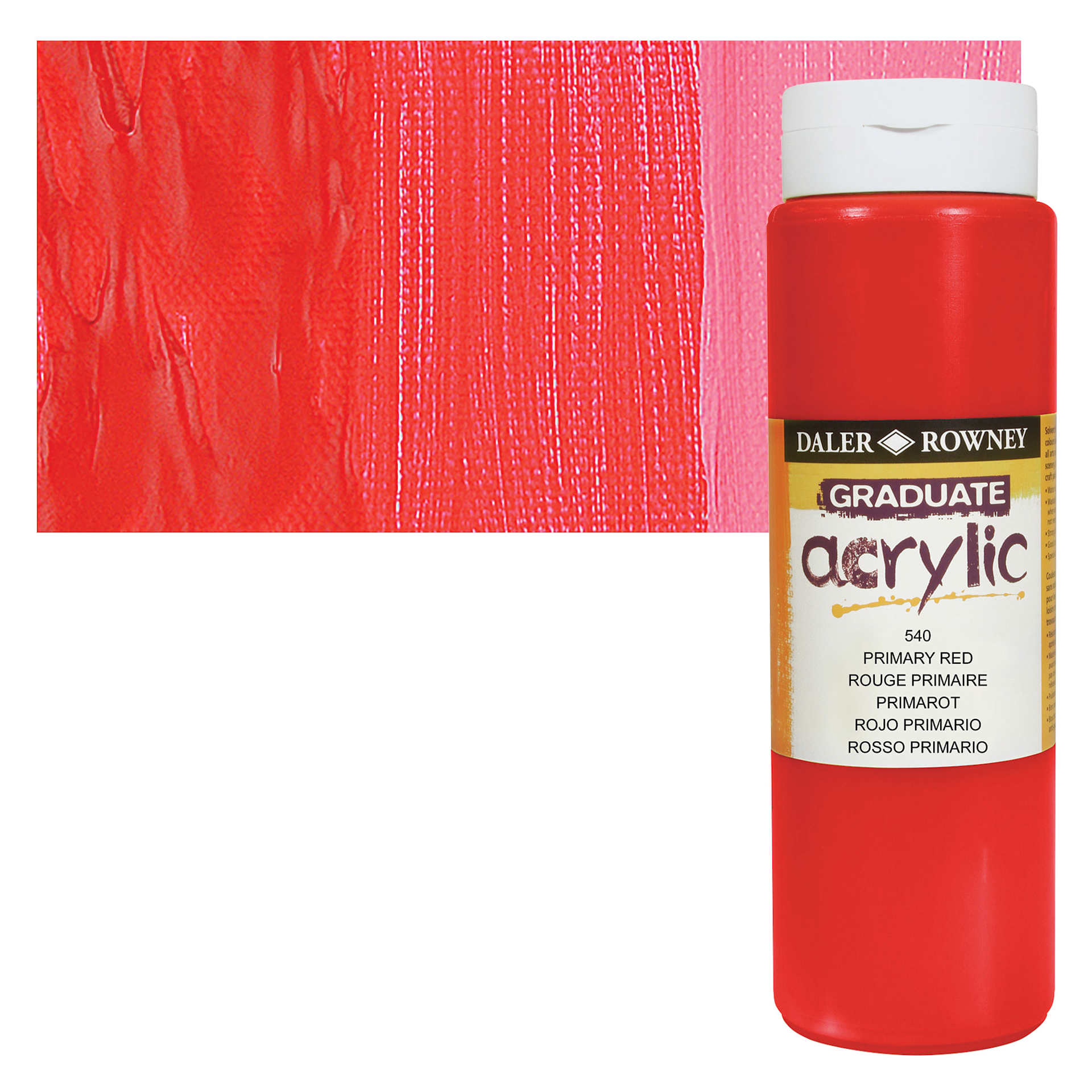 Daler-Rowney Graduate Acrylic Paint - Primary Red, 500 ml bottle and swatch