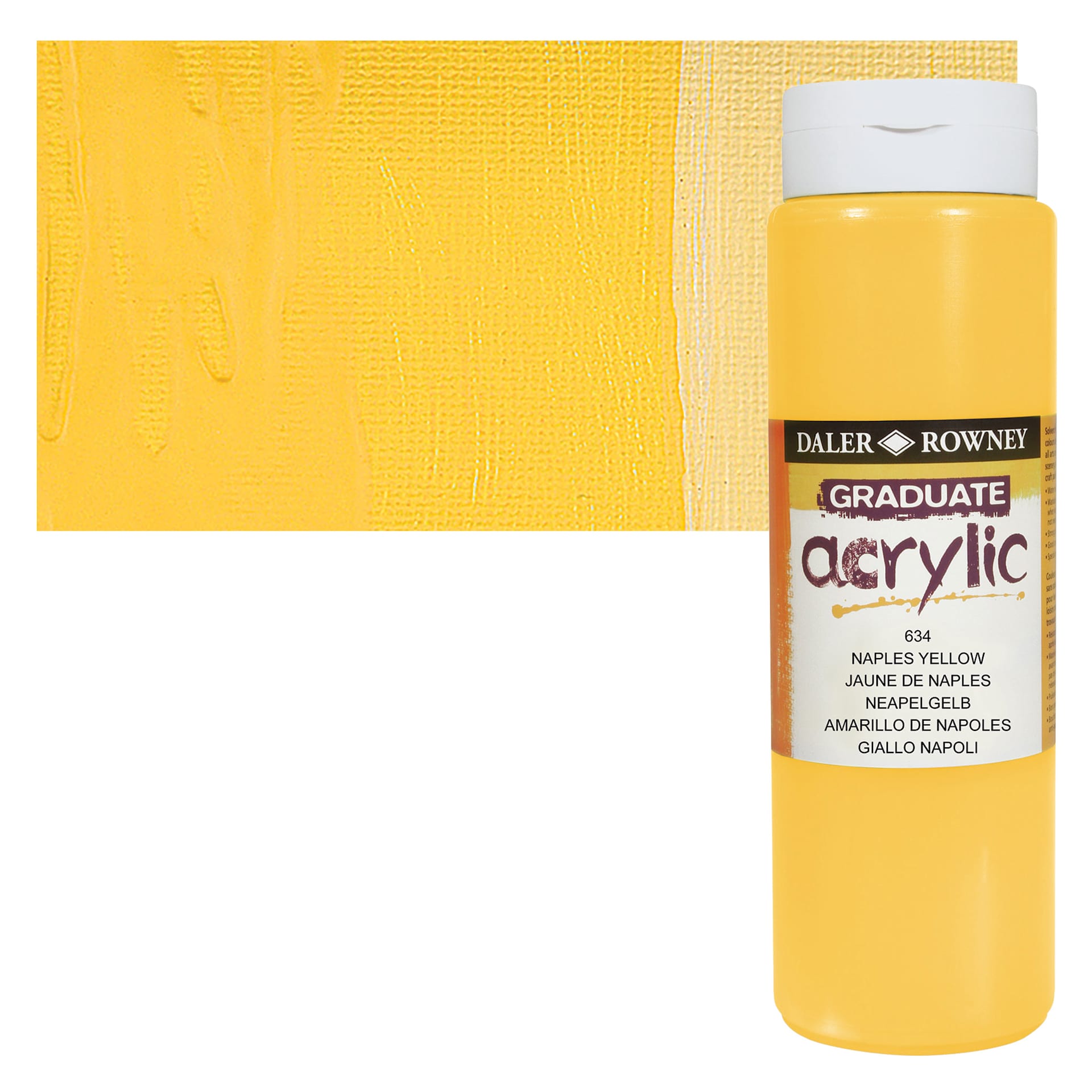 Daler-Rowney Graduate Acrylic Paint - Naples Yellow, 500 ml bottle and swatch