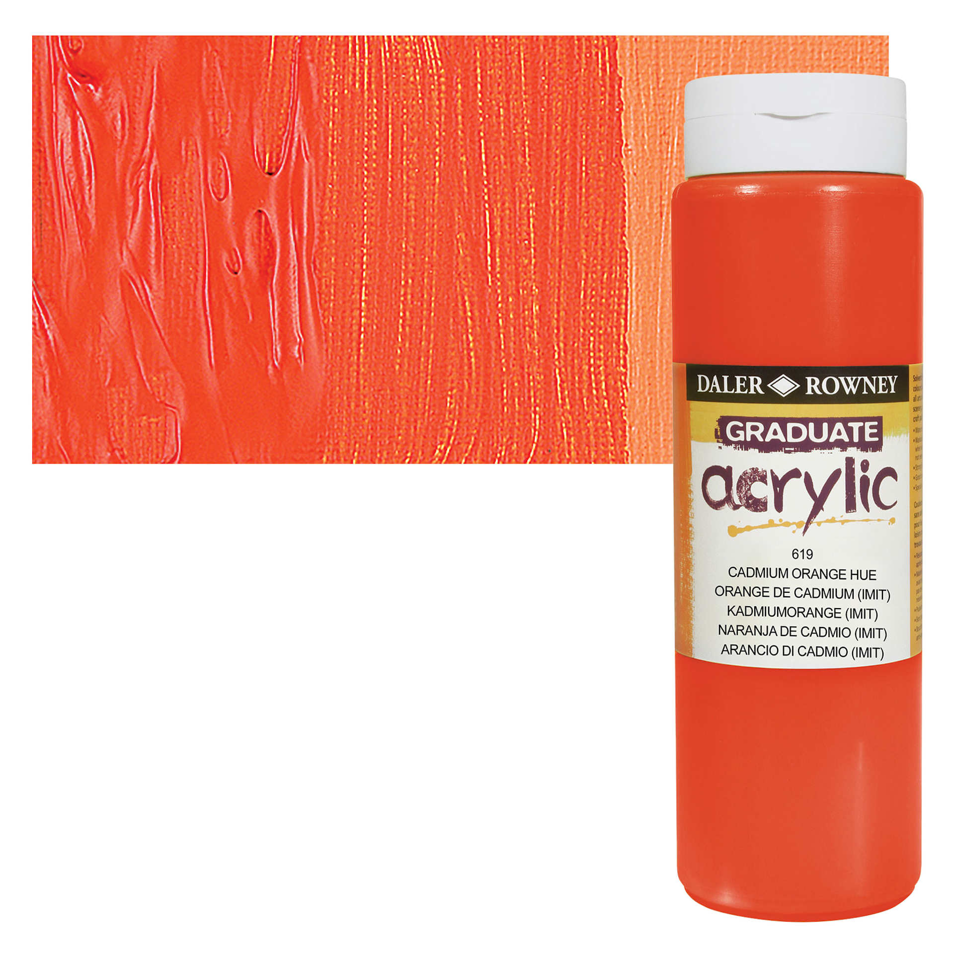 Daler-Rowney Graduate Acrylic Paint - Cadmium Orange Hue, 500 ml bottle and swatch