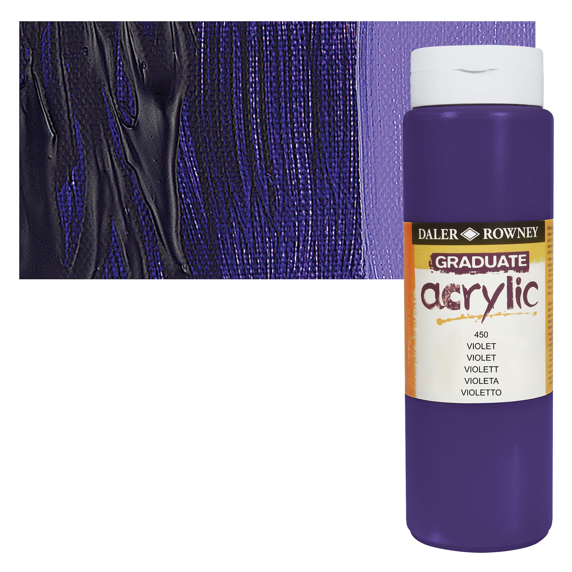 Daler-Rowney Graduate Acrylic Paint - Violet, 500 ml bottle and swatch