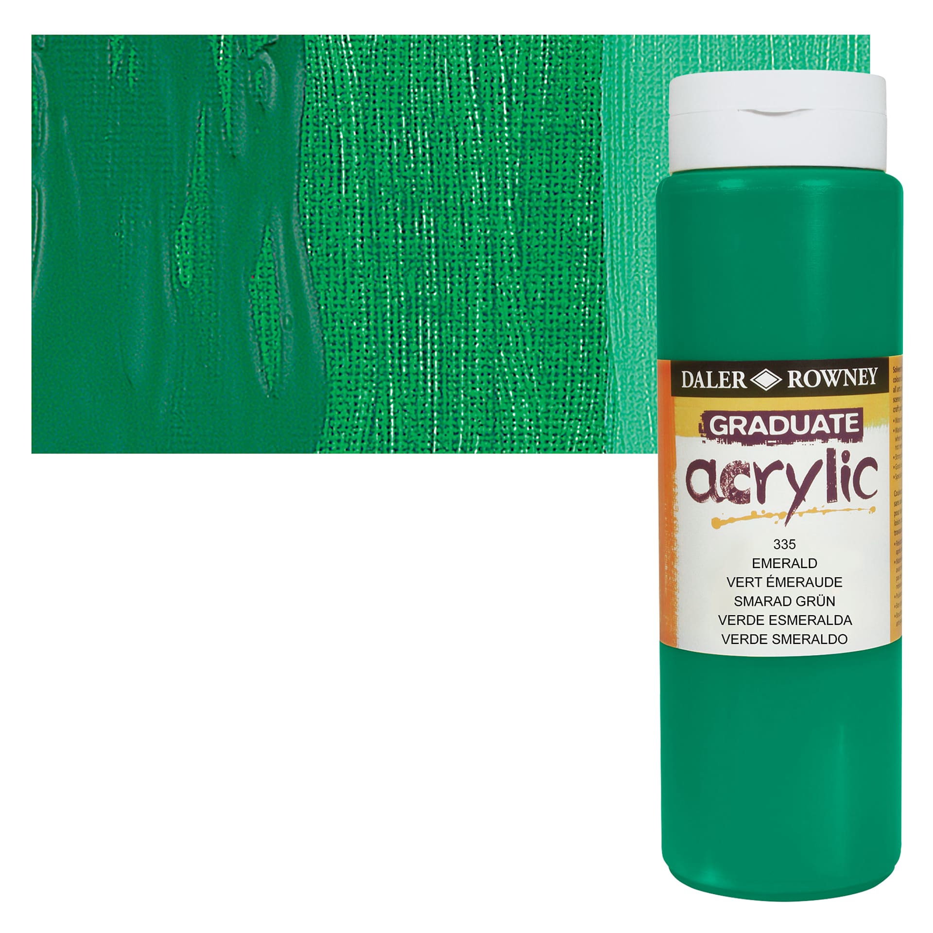 Daler-Rowney Graduate Acrylic Paint - Emerald, 500 ml bottle and swatch