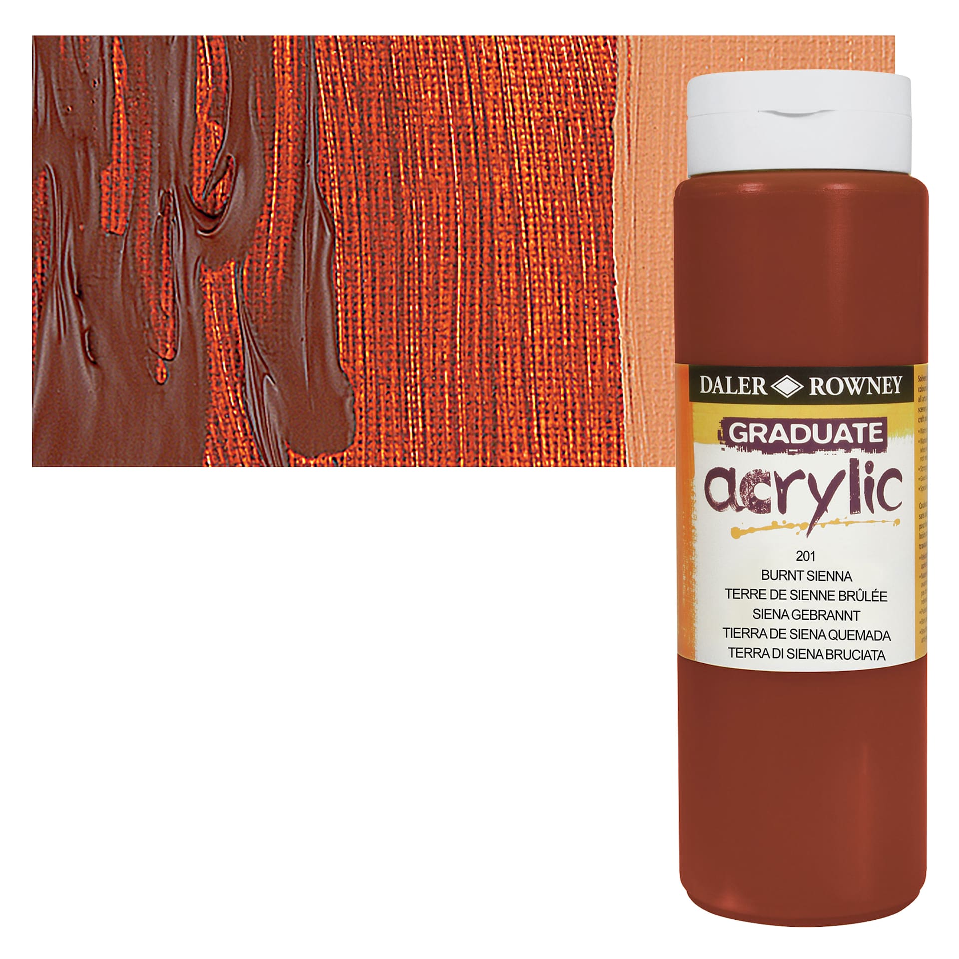 Daler-Rowney Graduate Acrylic Paint - Burnt Sienna, 500 ml bottle and swatch