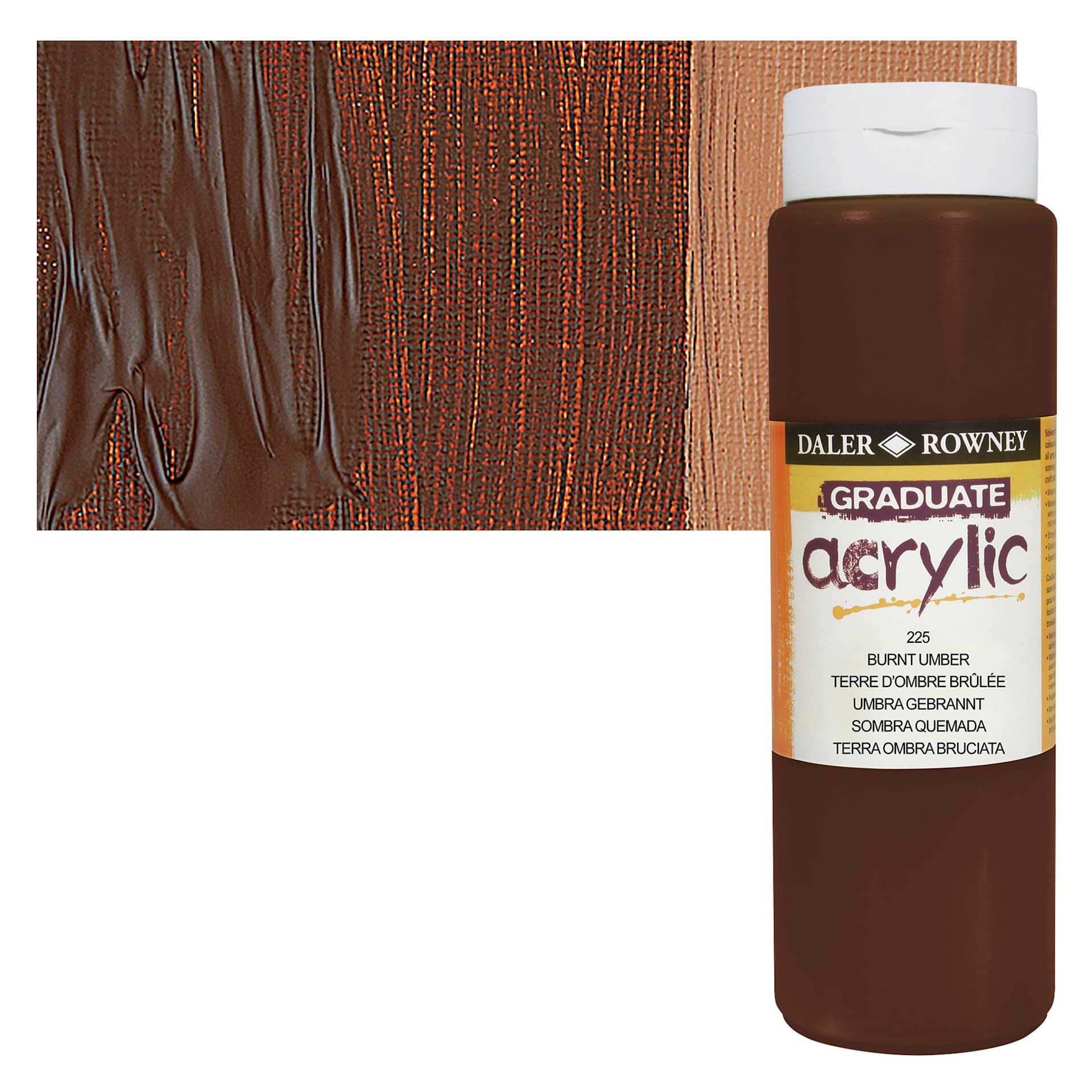 Daler-Rowney Graduate Acrylic Paint - Burnt Umber, 500 ml bottle and swatch
