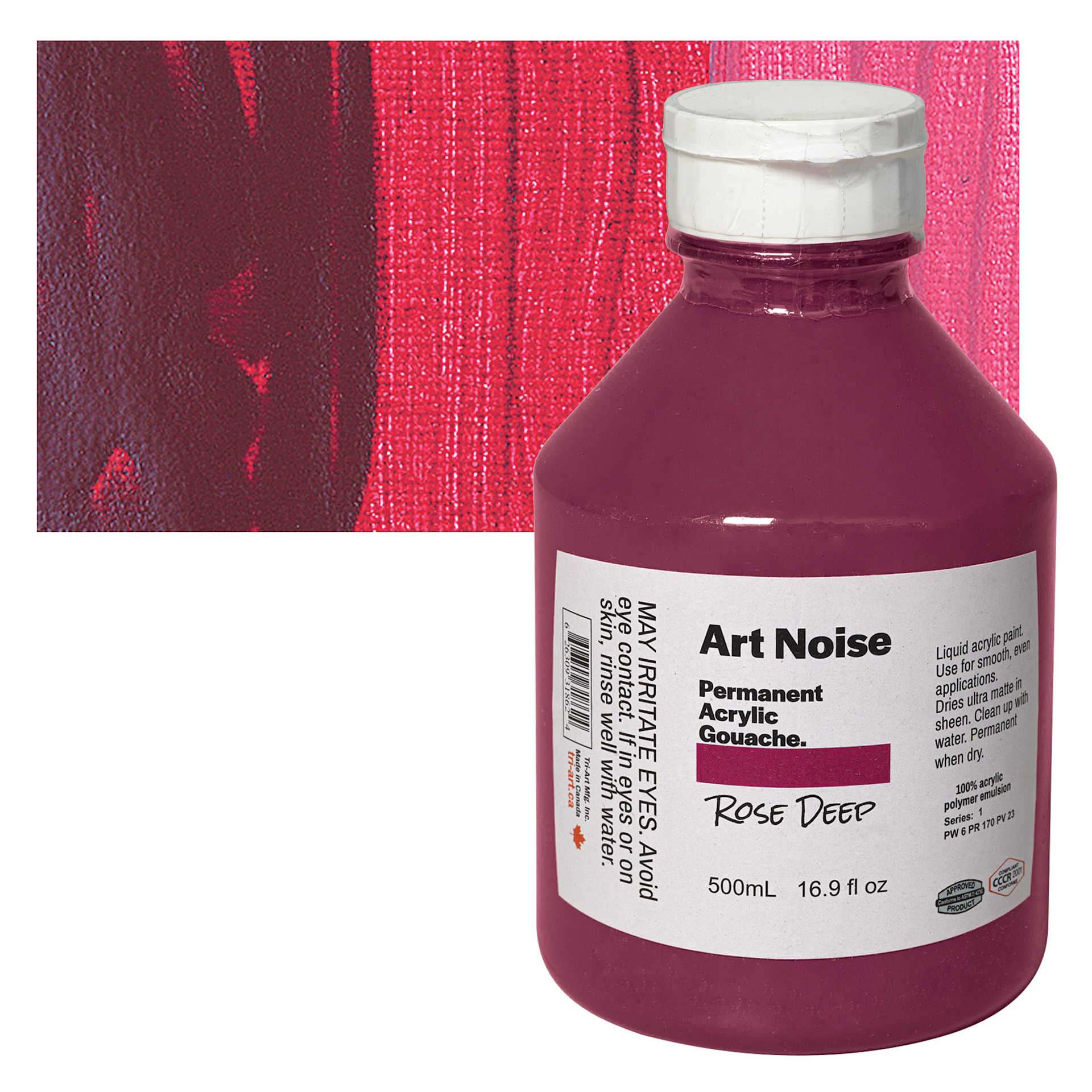 Tri-Art Art Noise Permanent Acrylic Gouache - Rose Deep, 500 ml, Bottle and swatch
