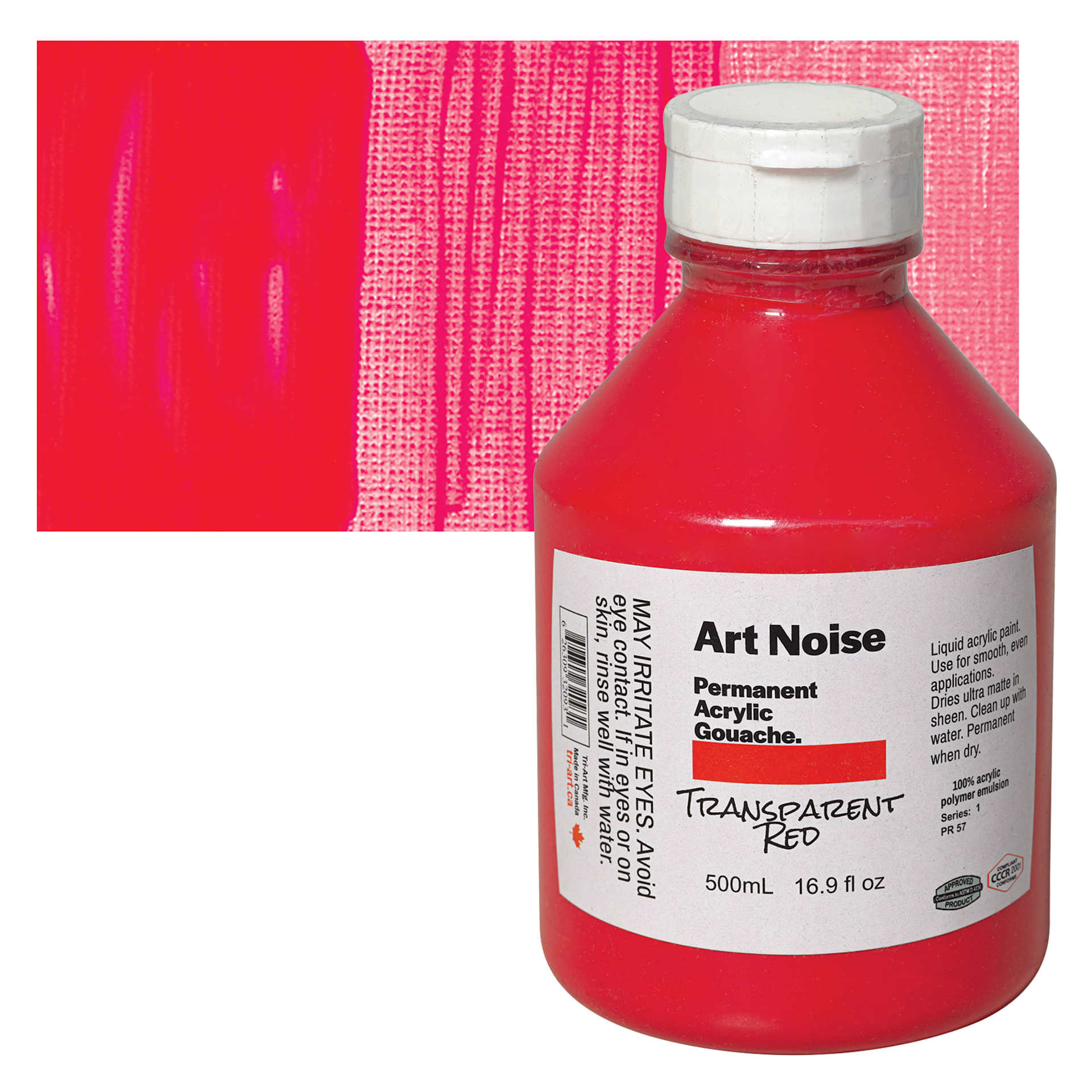 Tri-Art Art Noise Permanent Acrylic Gouache - Transparent Red, 500 ml, Bottle and swatch