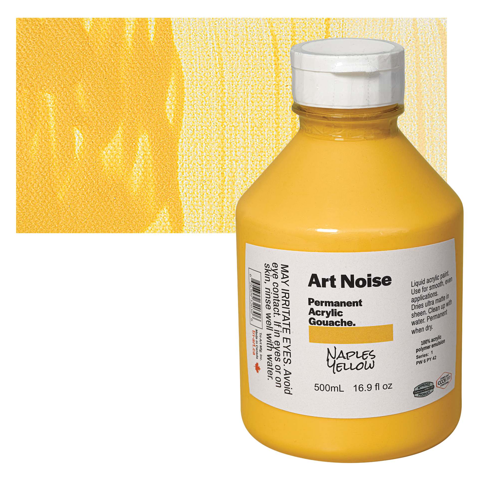 Tri-Art Art Noise Permanent Acrylic Gouache - Naples Yellow, 500 ml, Bottle and swatch