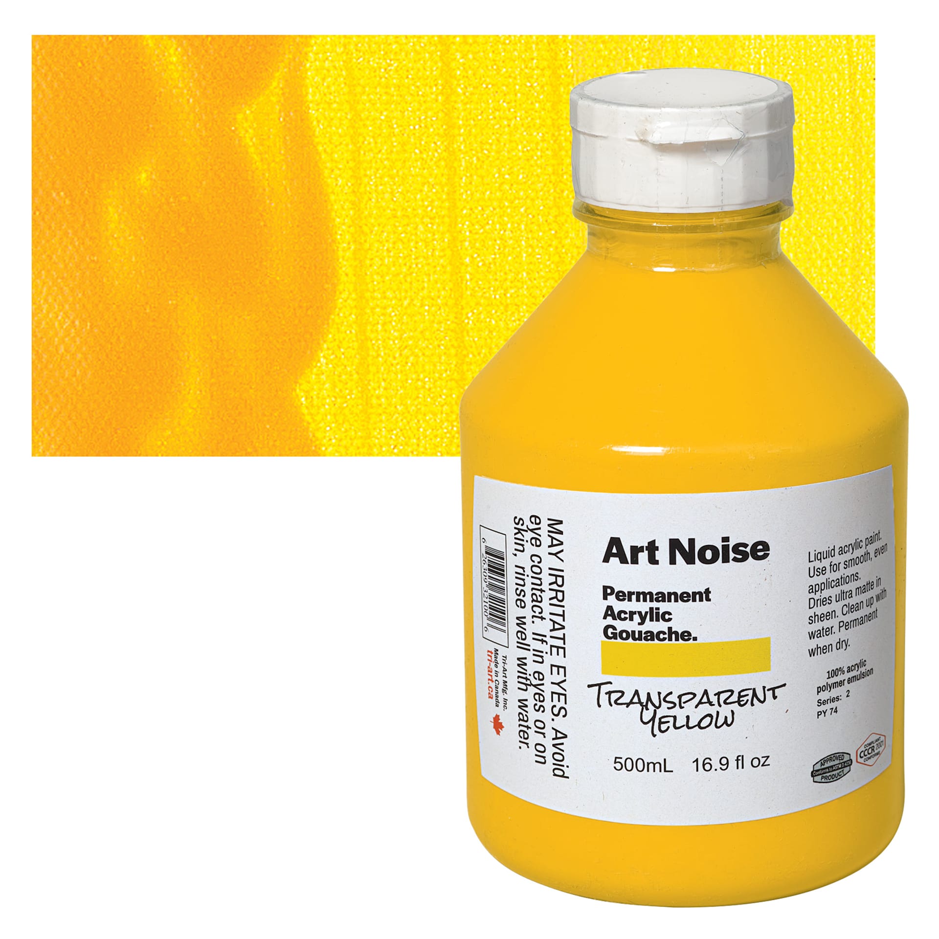 Tri-Art Art Noise Permanent Acrylic Gouache - Transparent Yellow, 500 ml, Bottle and swatch