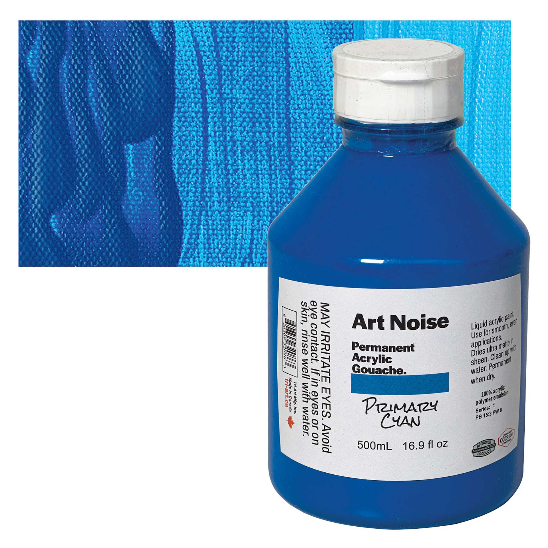 Tri-Art Art Noise Permanent Acrylic Gouache - Primary Cyan, 500 ml, Bottle and swatch