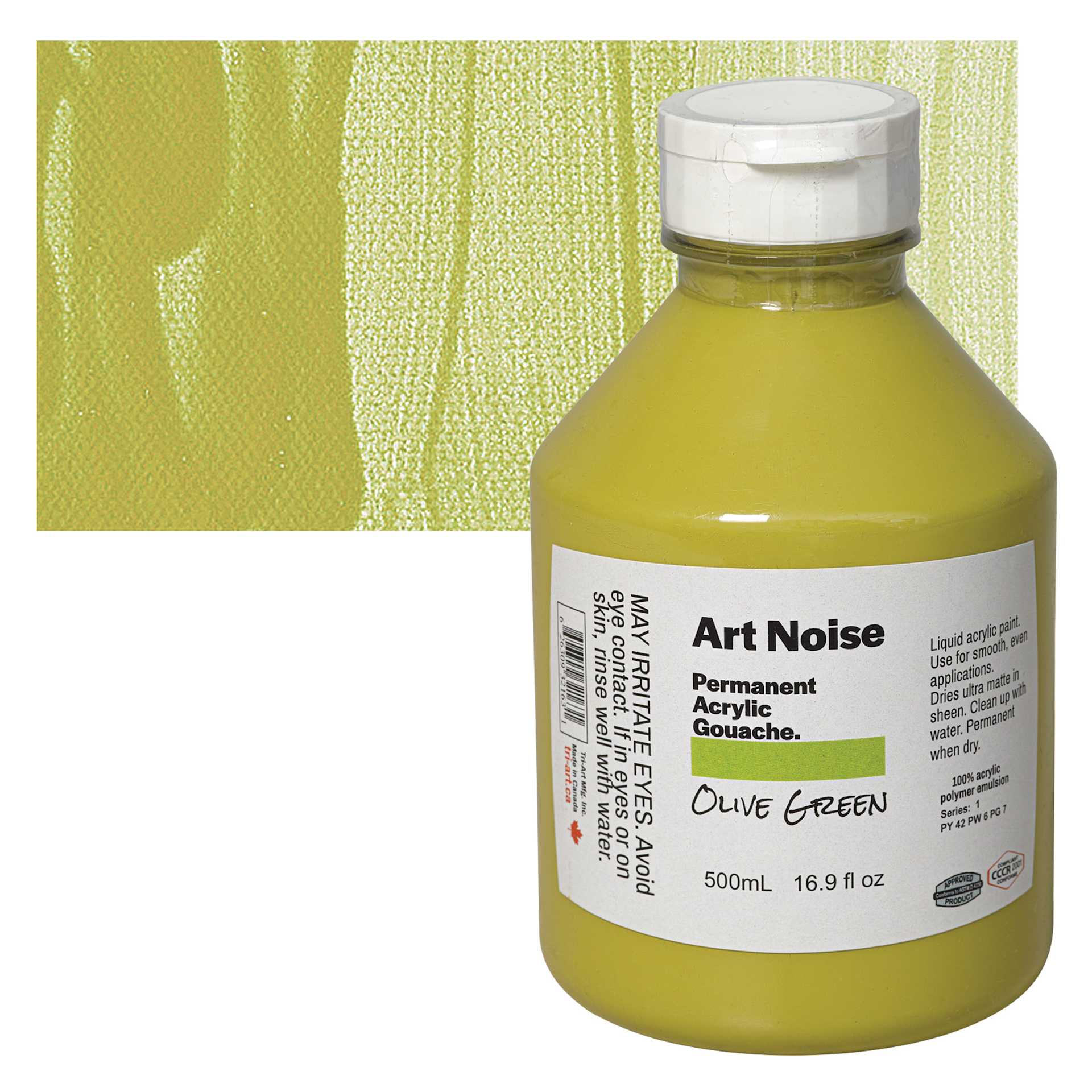 Tri-Art Art Noise Permanent Acrylic Gouache - Olive Green, 500 ml, Bottle and swatch