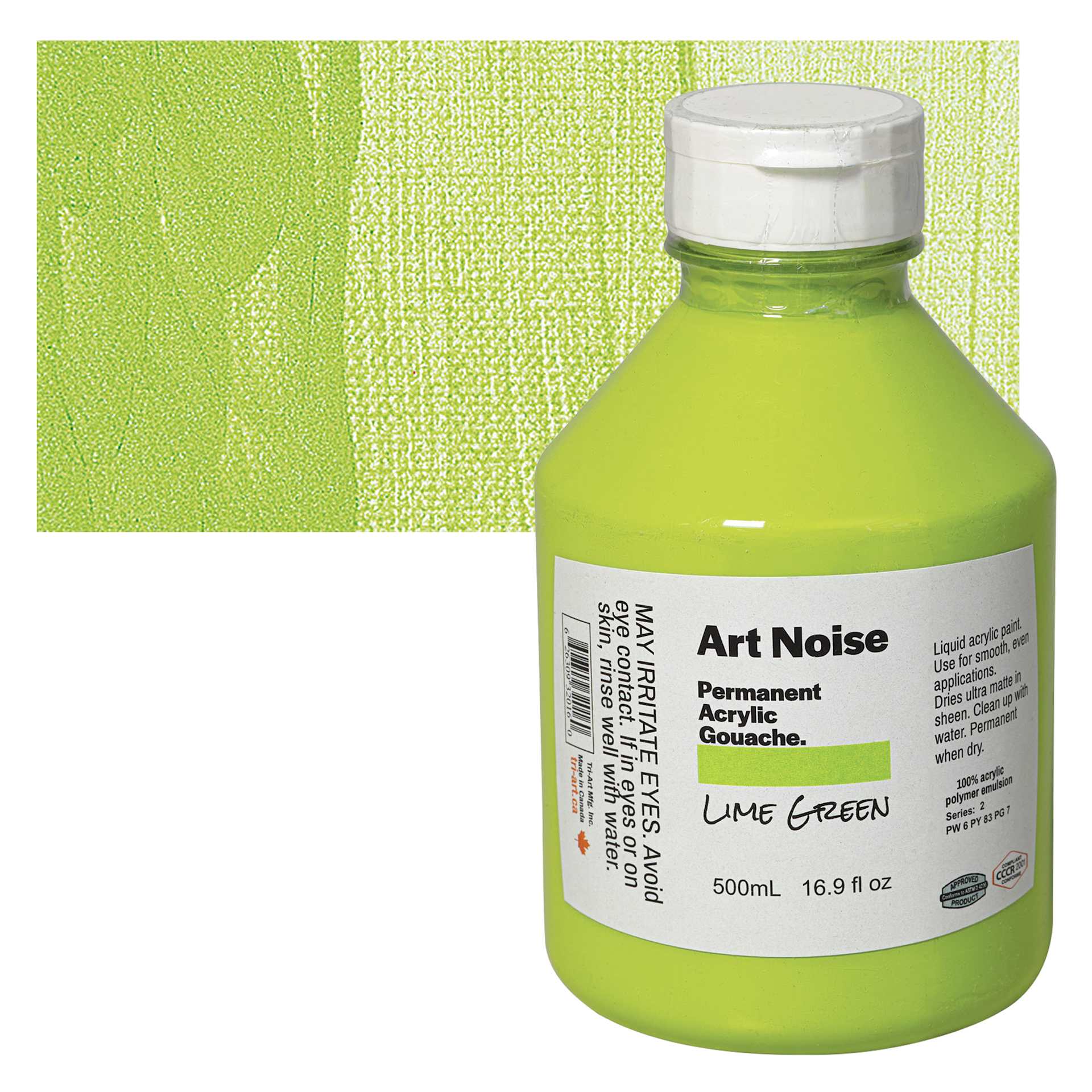 Tri-Art Art Noise Permanent Acrylic Gouache - Lime Green, 500 ml, Bottle and swatch