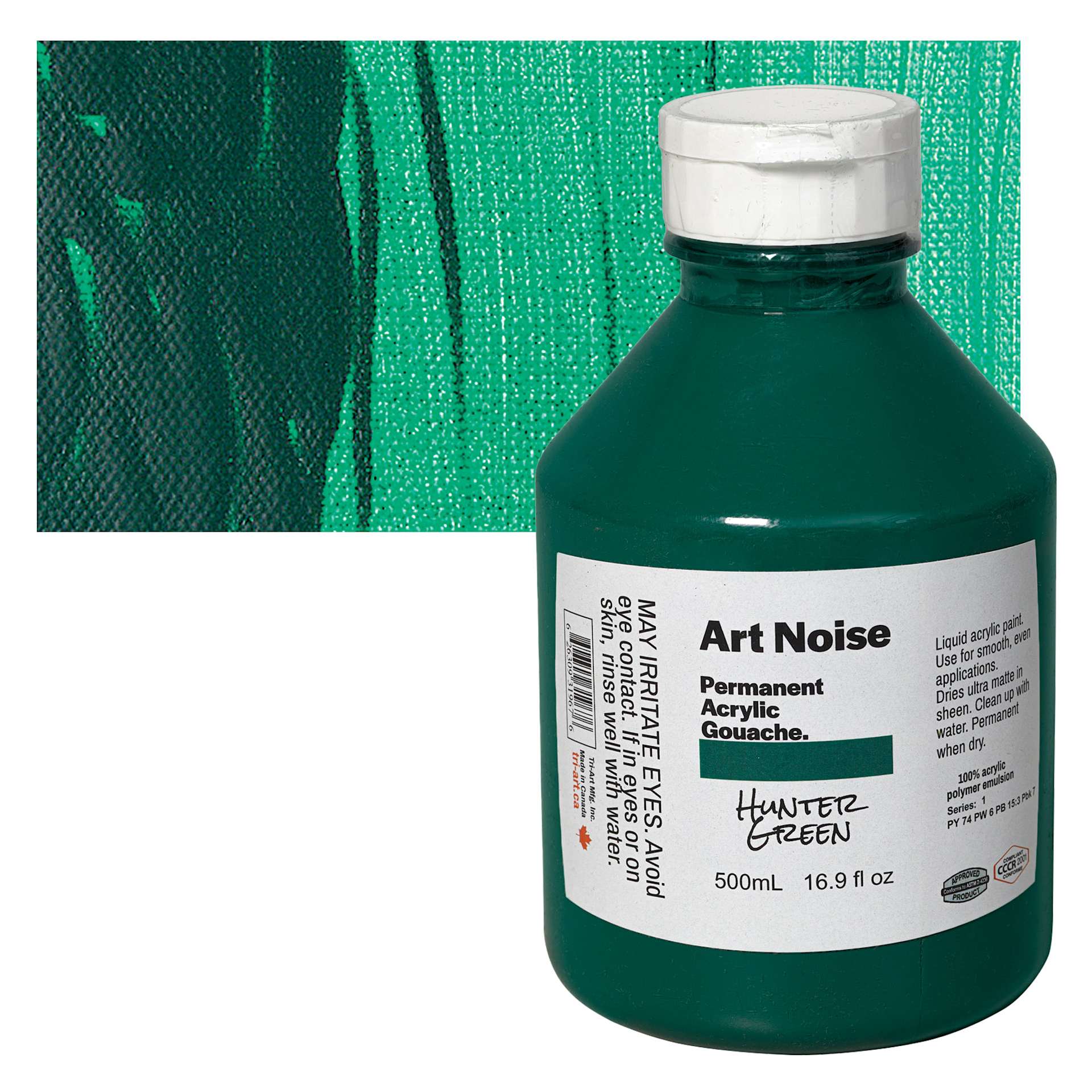 Tri-Art Art Noise Permanent Acrylic Gouache - Hunter Green, 500 ml, Bottle and swatch