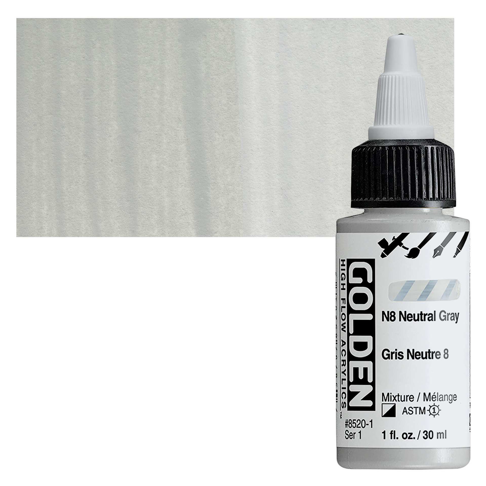 Golden High Flow Acrylic Paint - Neutral Gray N8, 1 oz bottle and swatch