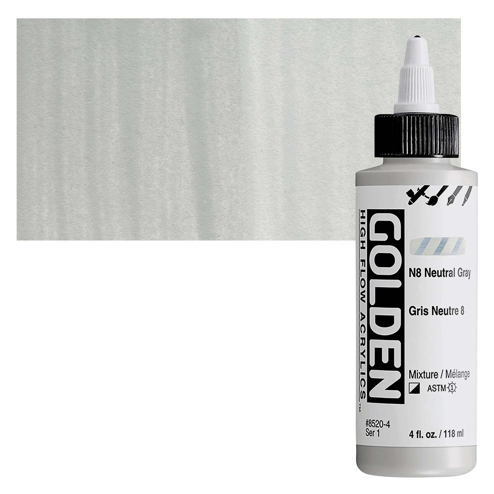 Golden High Flow Acrylic Paint - Neutral Gray N8, 4 oz bottle and swatch
