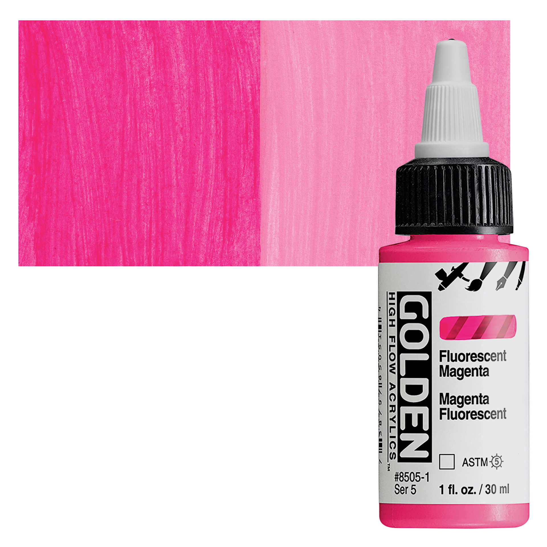 Golden High Flow Acrylic Paint - Fluorescent Magenta, 1 oz bottle and swatch