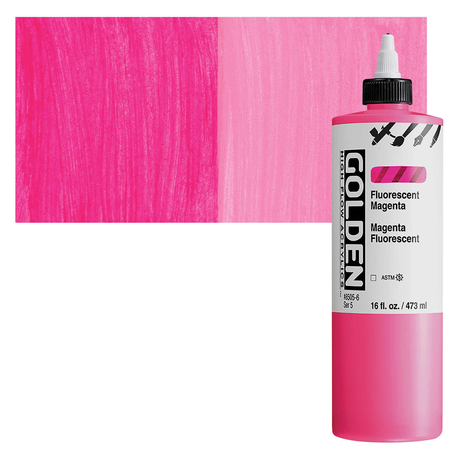 Golden High Flow Acrylic Paint - Fluorescent Magenta, 16 oz bottle and swatch