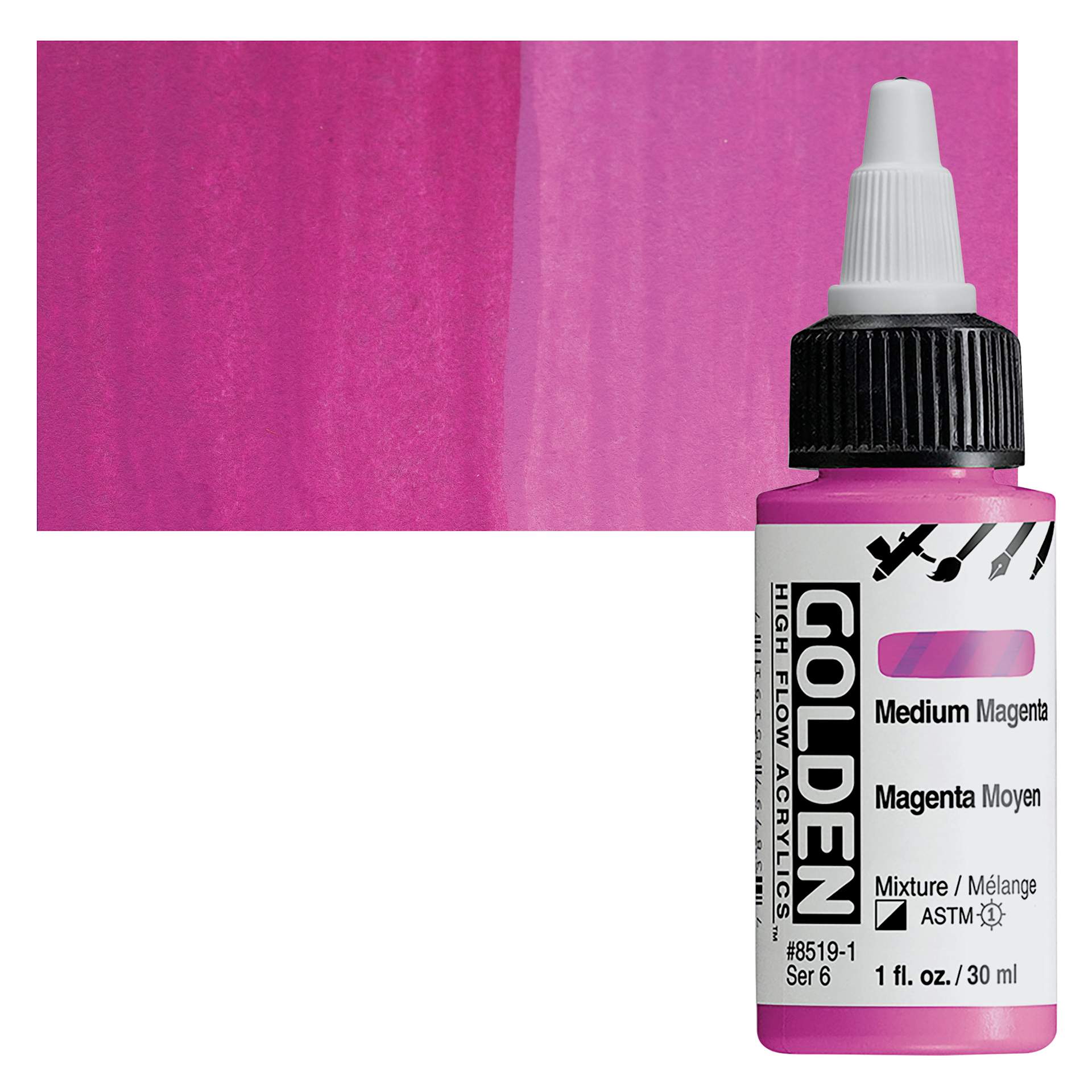 Golden High Flow Acrylic Paint - Medium Magenta, 1 oz bottle and swatch