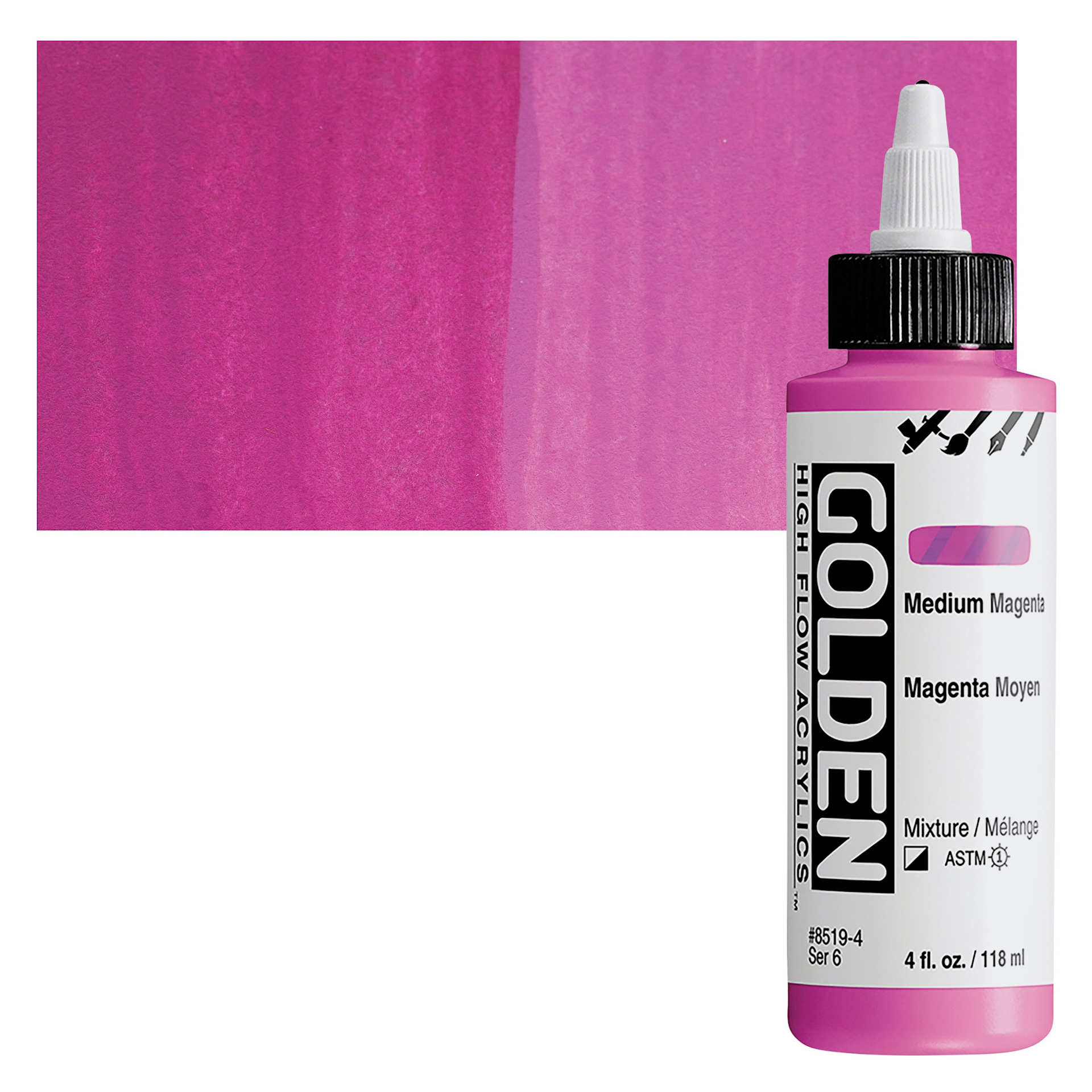 Golden High Flow Acrylic Paint - Medium Magenta, 4 oz bottle and swatch