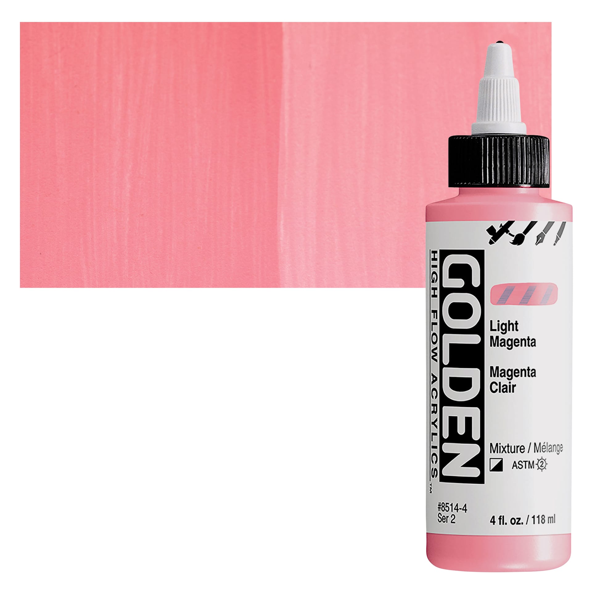 Golden High Flow Acrylic Paint - Light Magenta, 4 oz bottle and swatch