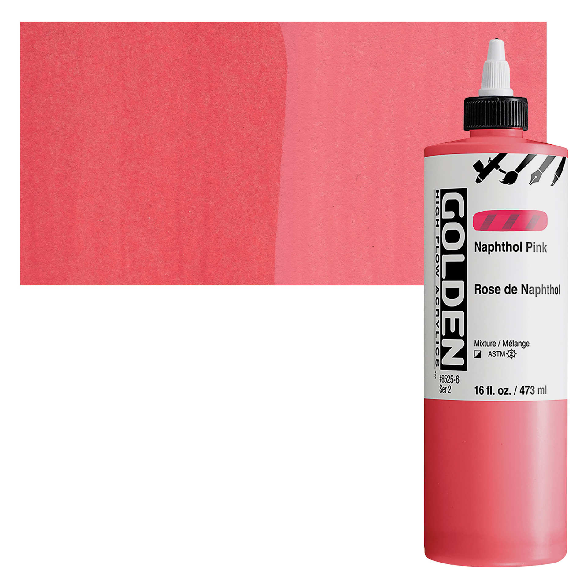 Golden High Flow Acrylic Paint - Naphthol Pink, 16 oz bottle and swatch