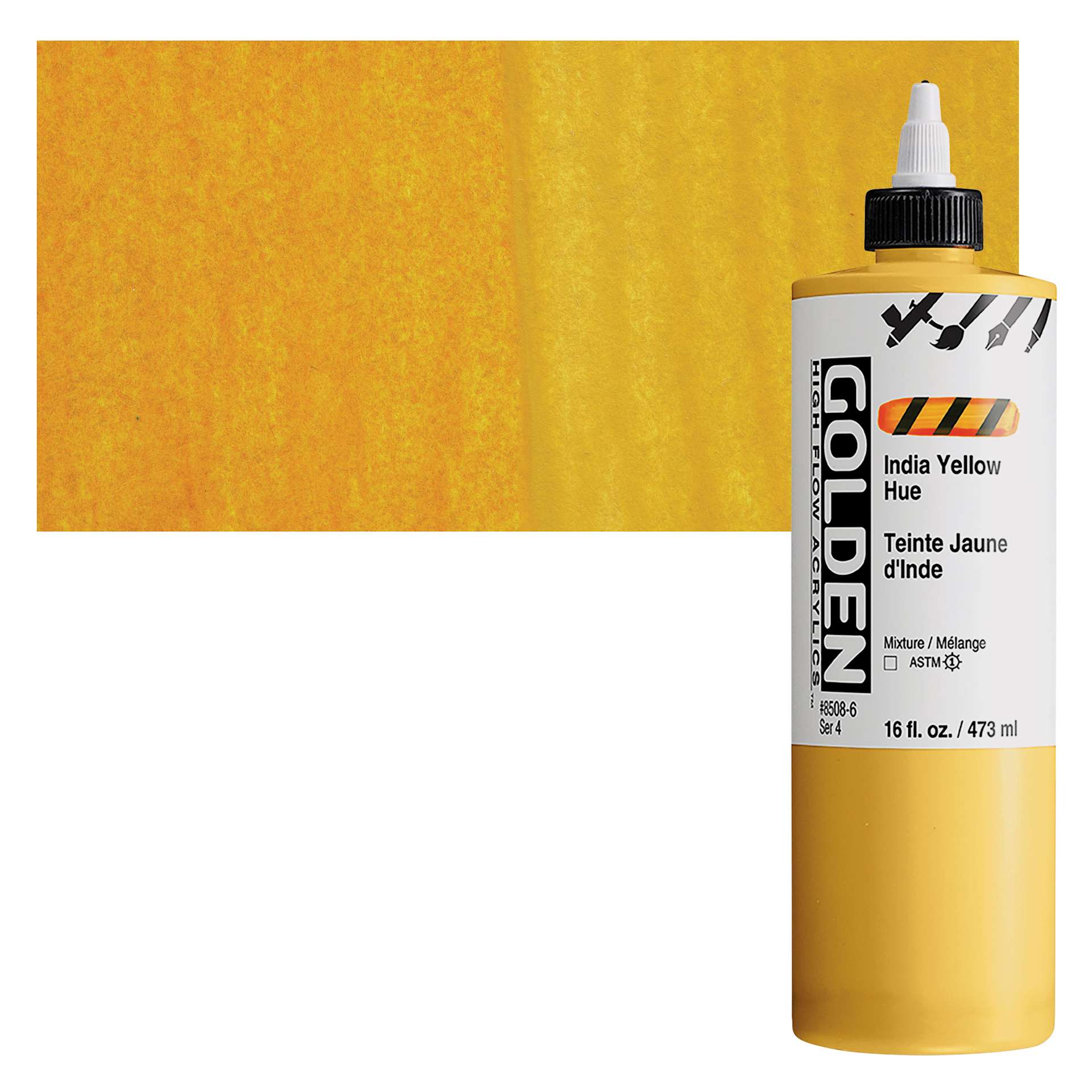 Golden High Flow Acrylic Paint - Indian Yellow Hue, 16 oz bottle and swatch