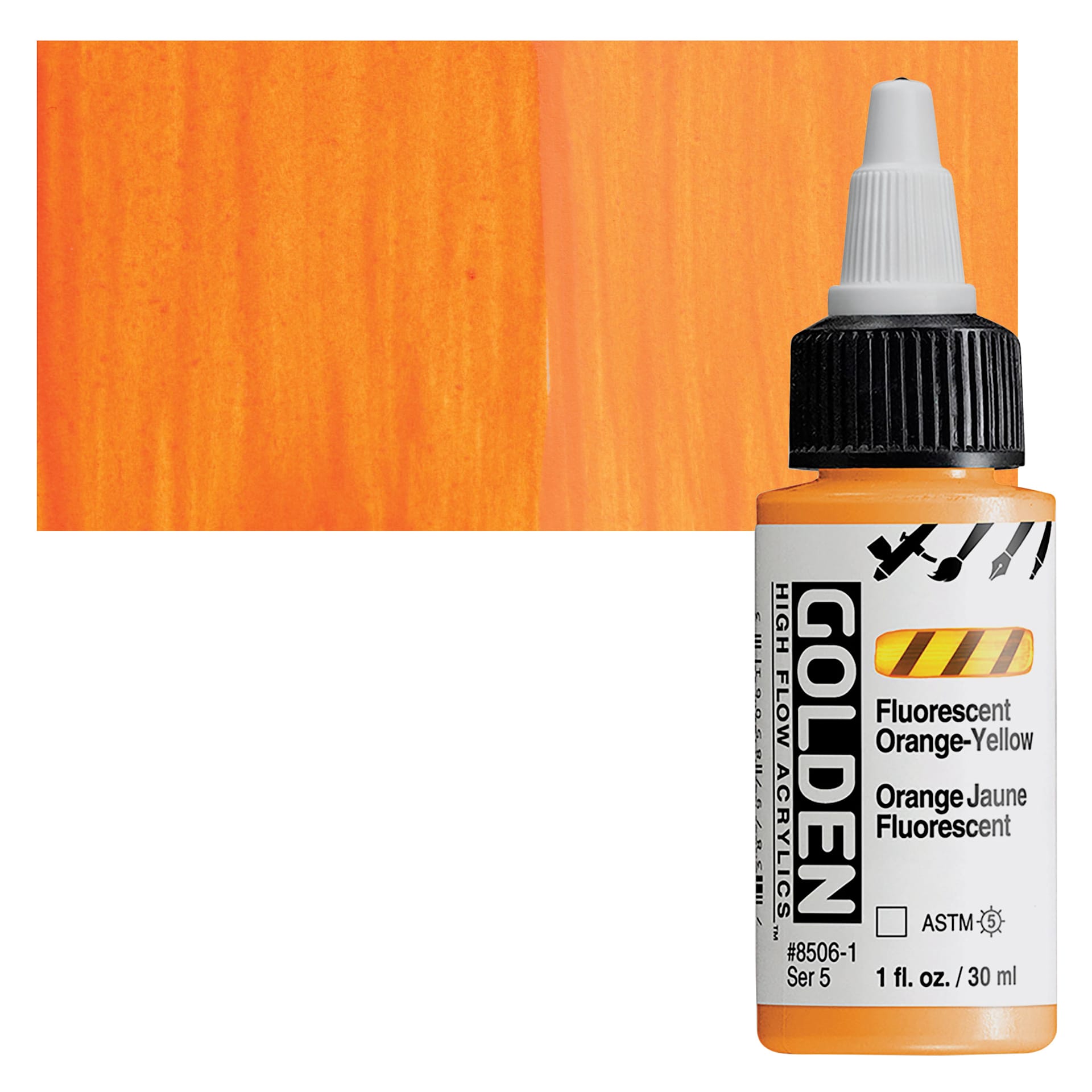 Golden High Flow Acrylic Paint - Fluorescent Orange-Yellow, 1 oz bottle and swatch
